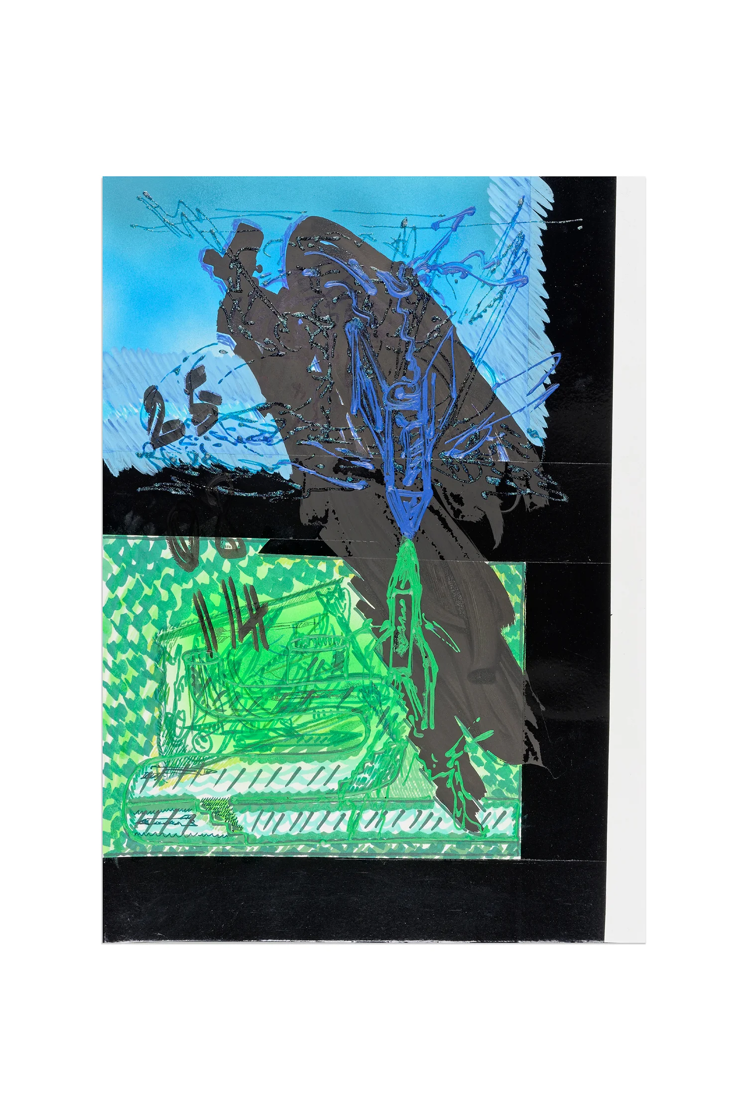 25 08 2014 Border Notes 41.09 X 29.06 CM Marqueur peinture posca, marqueur permanent, feutres couleurs, bombe de peinture, colle pailletée, peinture relief, ruban adhésif vinyle noir Photo : Aurelien Mole