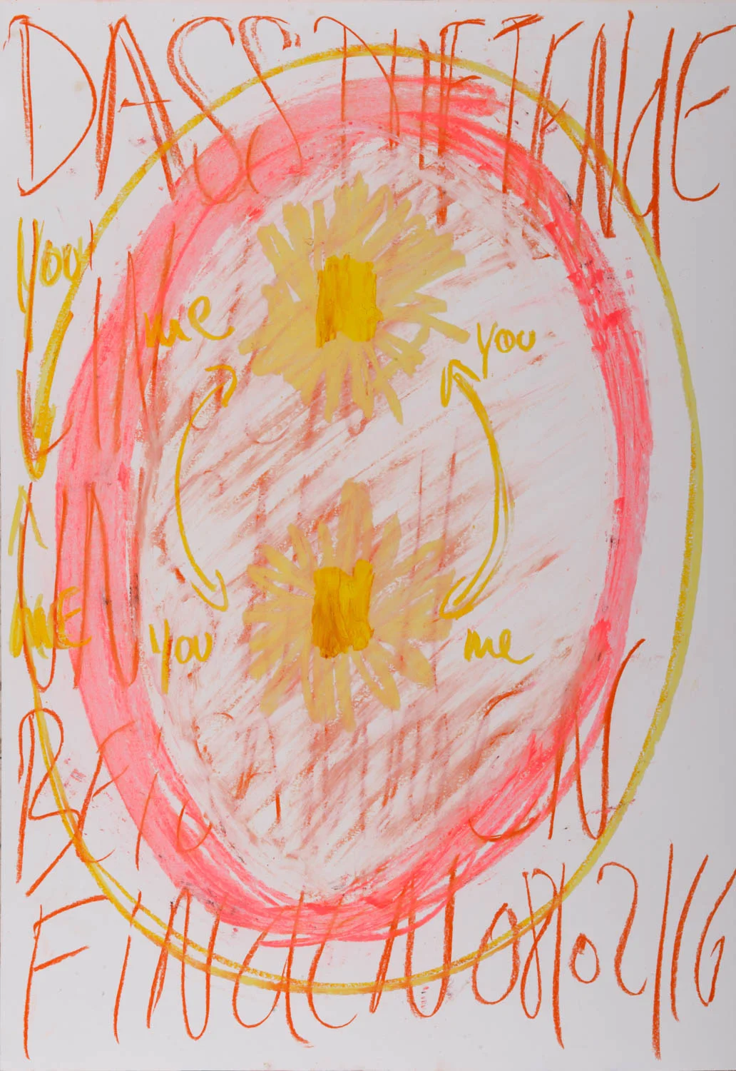You Me You Me yellow circle around pink circle 08/02/16 Pastels on Nostalgique Hahnemühle paper 59,4 x 84,1cm (A1) - 190g/m² Photographer: Yigal Pardo
