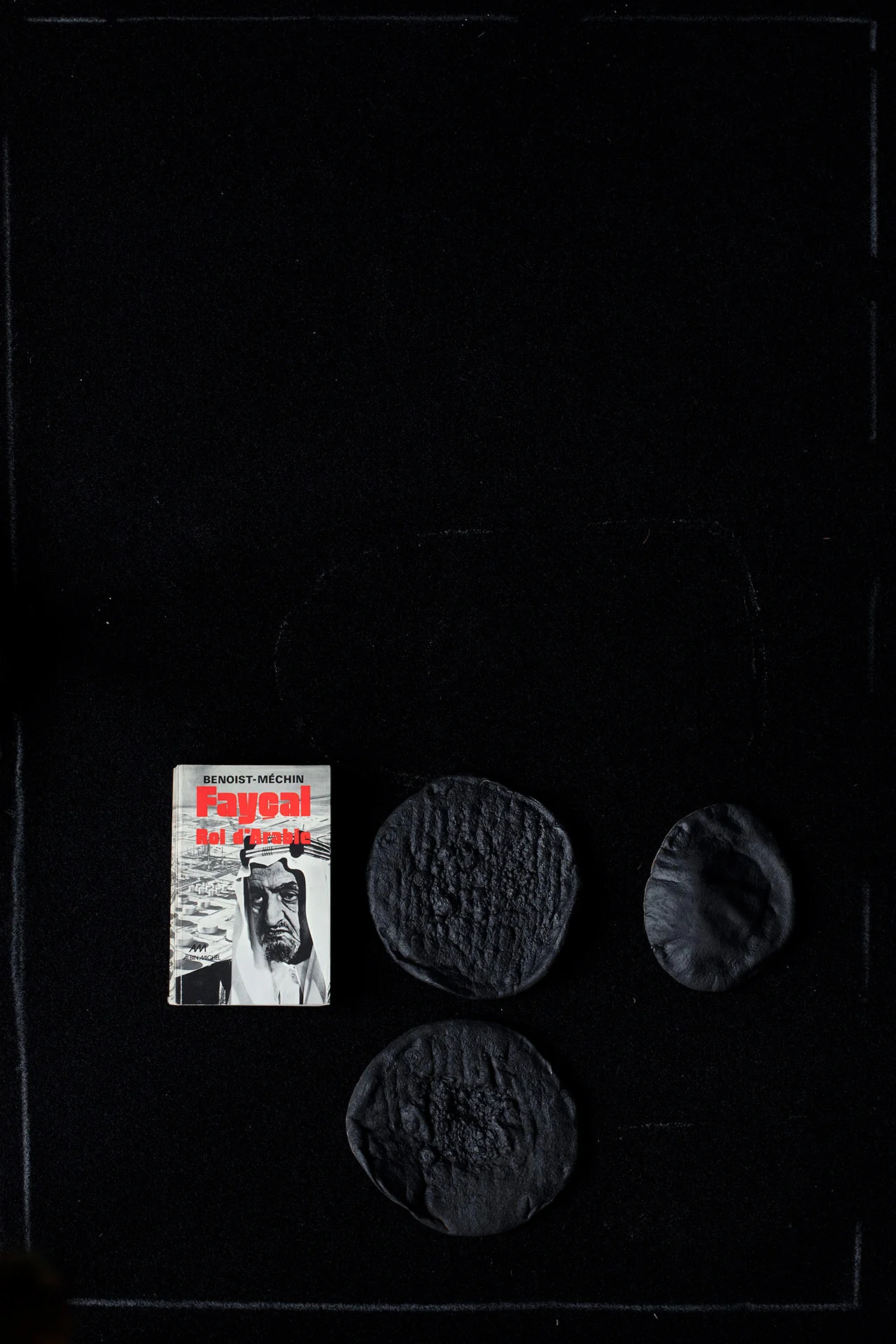 Picture. 03: The book 'Faisal Bin Abdulaziz Alrahman King of Saudi Arabia' and 3 pittas with their black sides facing upward Impression jet d'encre sur Harman - Coton, 48 x 32,9 cm