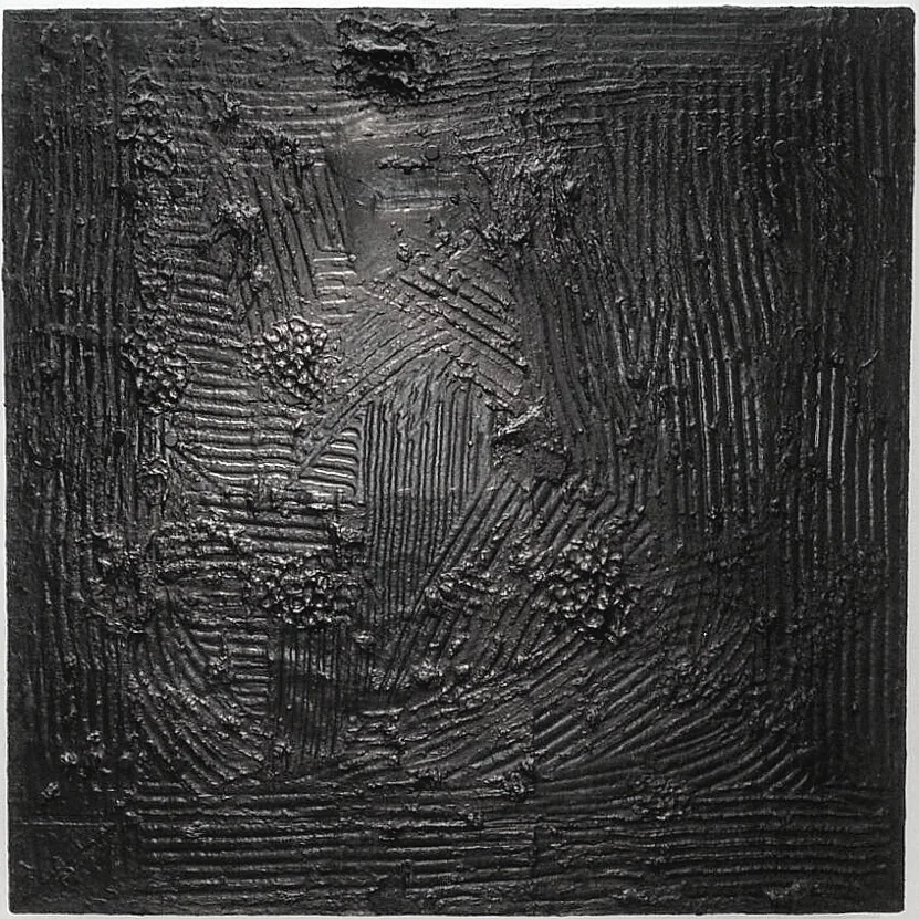 AlphaGaia 2016 127X127 CM Linoléum, Goudron, basalte, noir Acrylique mat, disques magnétique, gel texture lave noir, vernis acrylique, bois