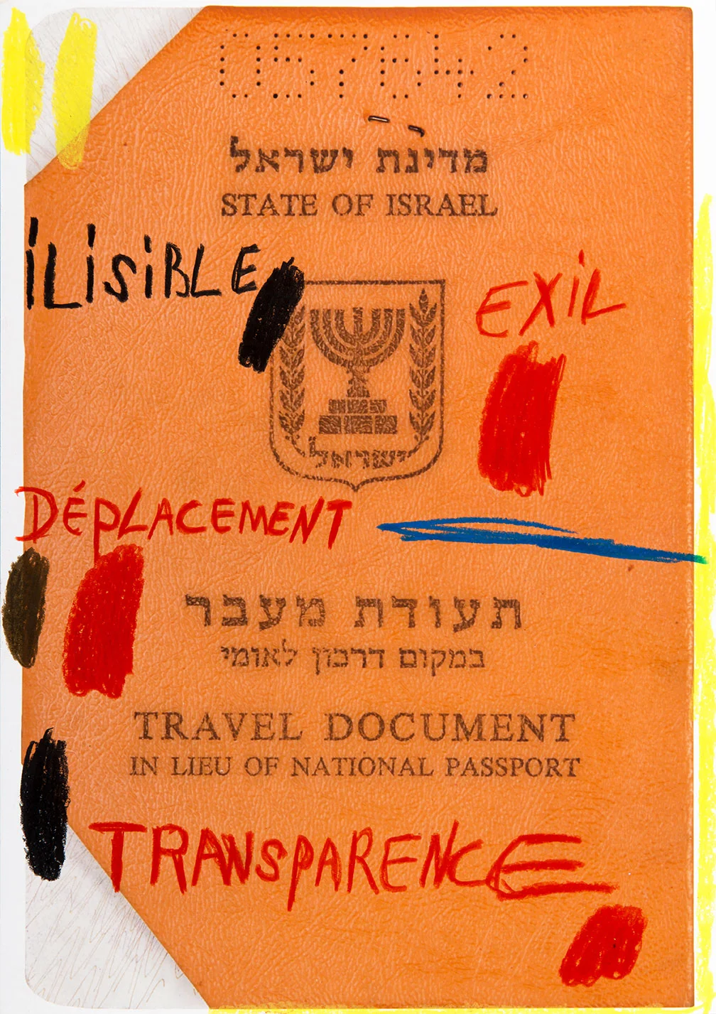 Exile Transparence 2018 From Déplacements 14 X 21 CM Archive. Immigration documents In lieux of national passport Oil pastel & digital print on beaux-arts paper Photo: Yigal Pardo