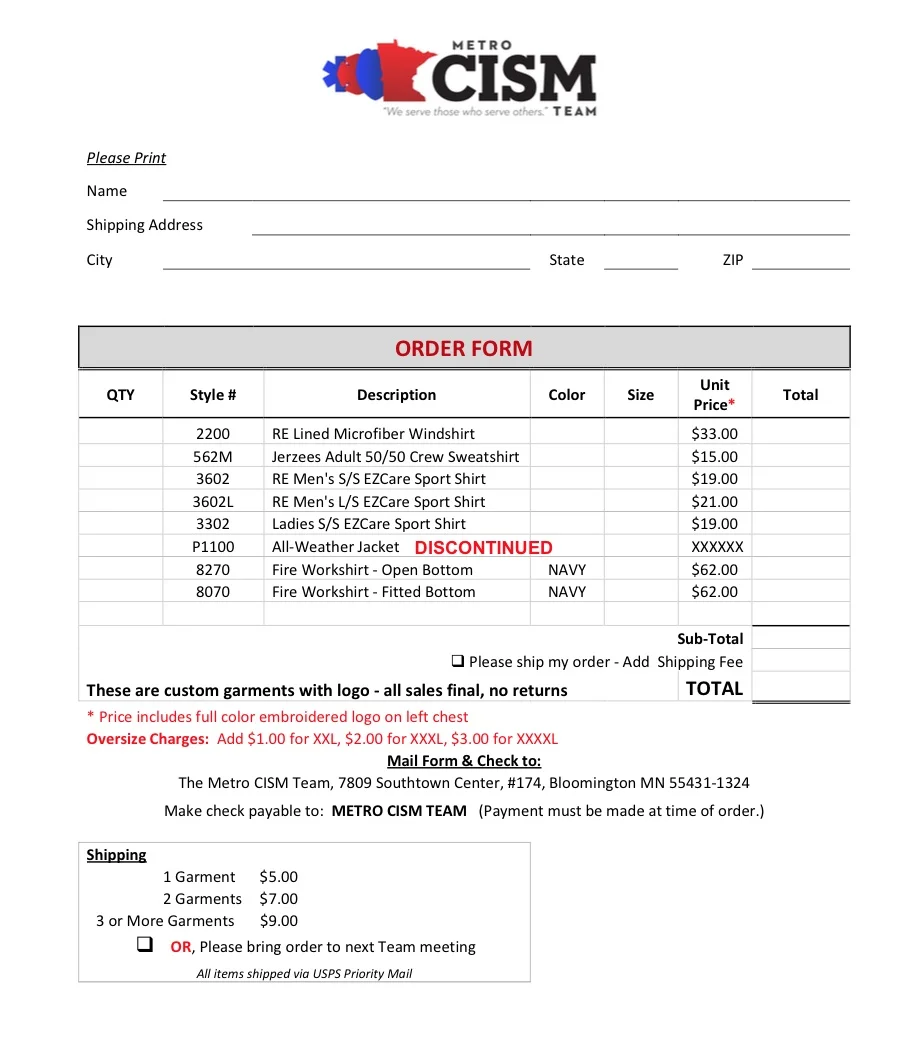 Cism Clothing Form