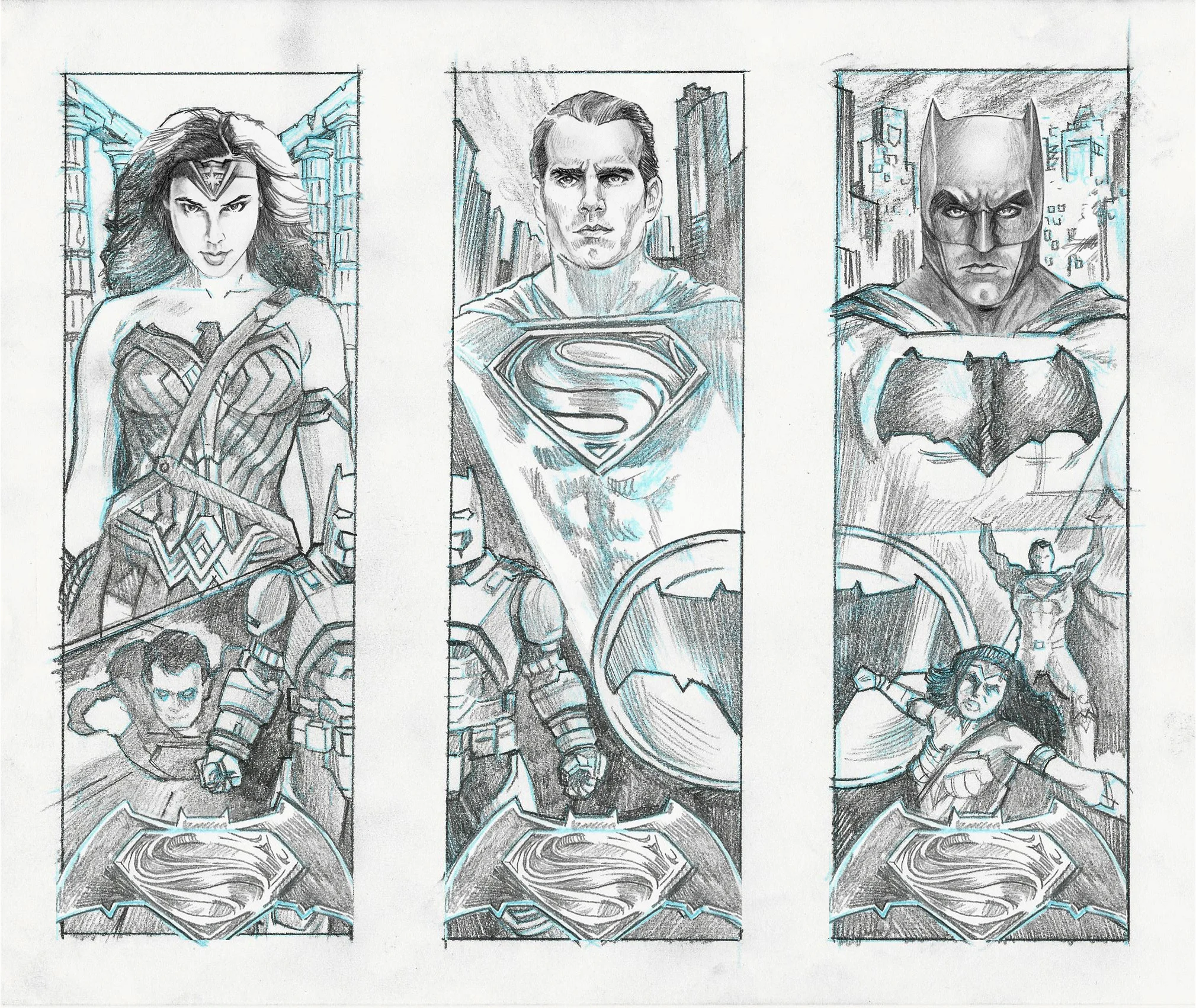 Concept sketches for a proposed set of 3 connecting, screenprinted posters set to debut with the premiere of "Batman V Superman". All characters © & TM DC Comics