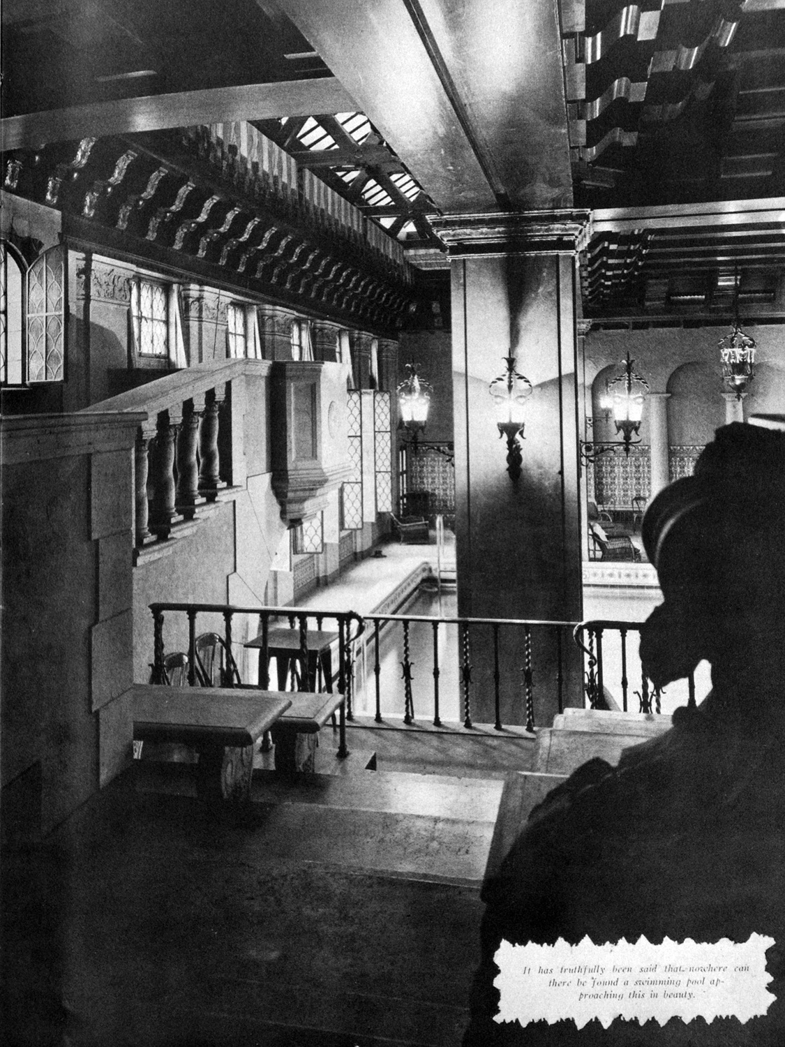 The 1929 men’s swimming pool on the thirteenth floor at the Medinah Athletic Club in Chicago with its lounge, grotto, and spectator seating (Scimitar)