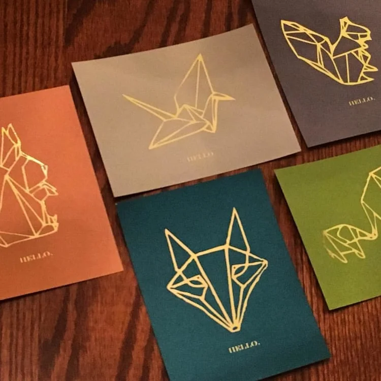 Origami Animals // 5 Notecards // Gold Foil on Jewel Tones