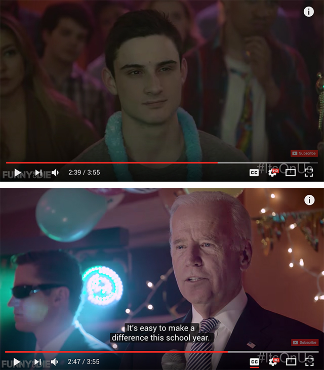 Jules Jacobs (top), the author's son, appears in a 2016 It's On Us campaign video - starring Vice President Joe Biden - made by Funny or Die.