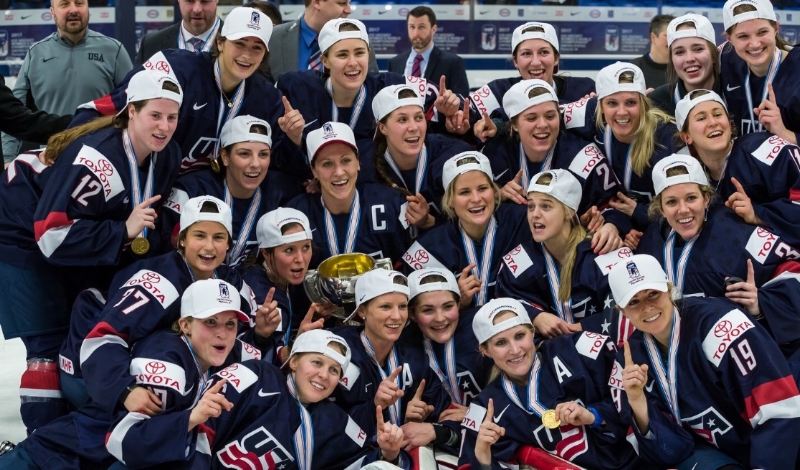 The U.S. Women's National Hockey Team celebrates its win in the 2017 world championship.