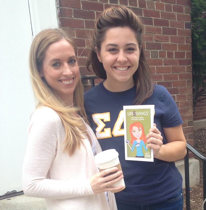 SDT sisters at Stevens College pose for a pic with "Penny," mascot of JWI's Life$avings® financial literacy program.