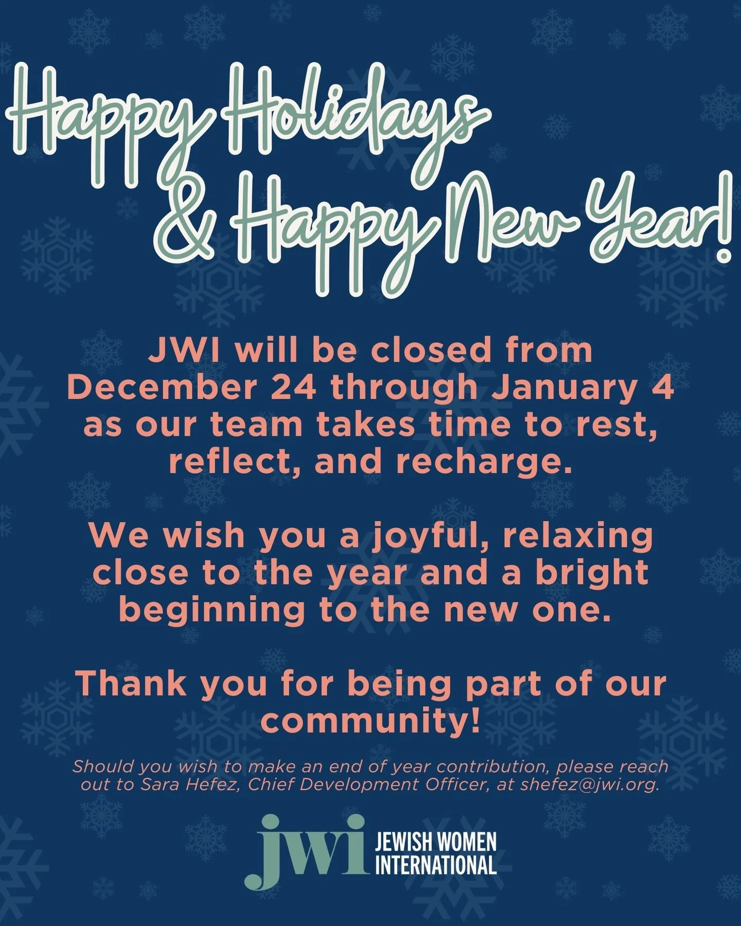 Happy holidays &amp; happy new year!

JWI will be closed from December 24 through January 4 as our team takes time to rest, reflect, and recharge. We wish you a joyful, relaxing close to the year and a bright beginning to the new one. Thank you for b