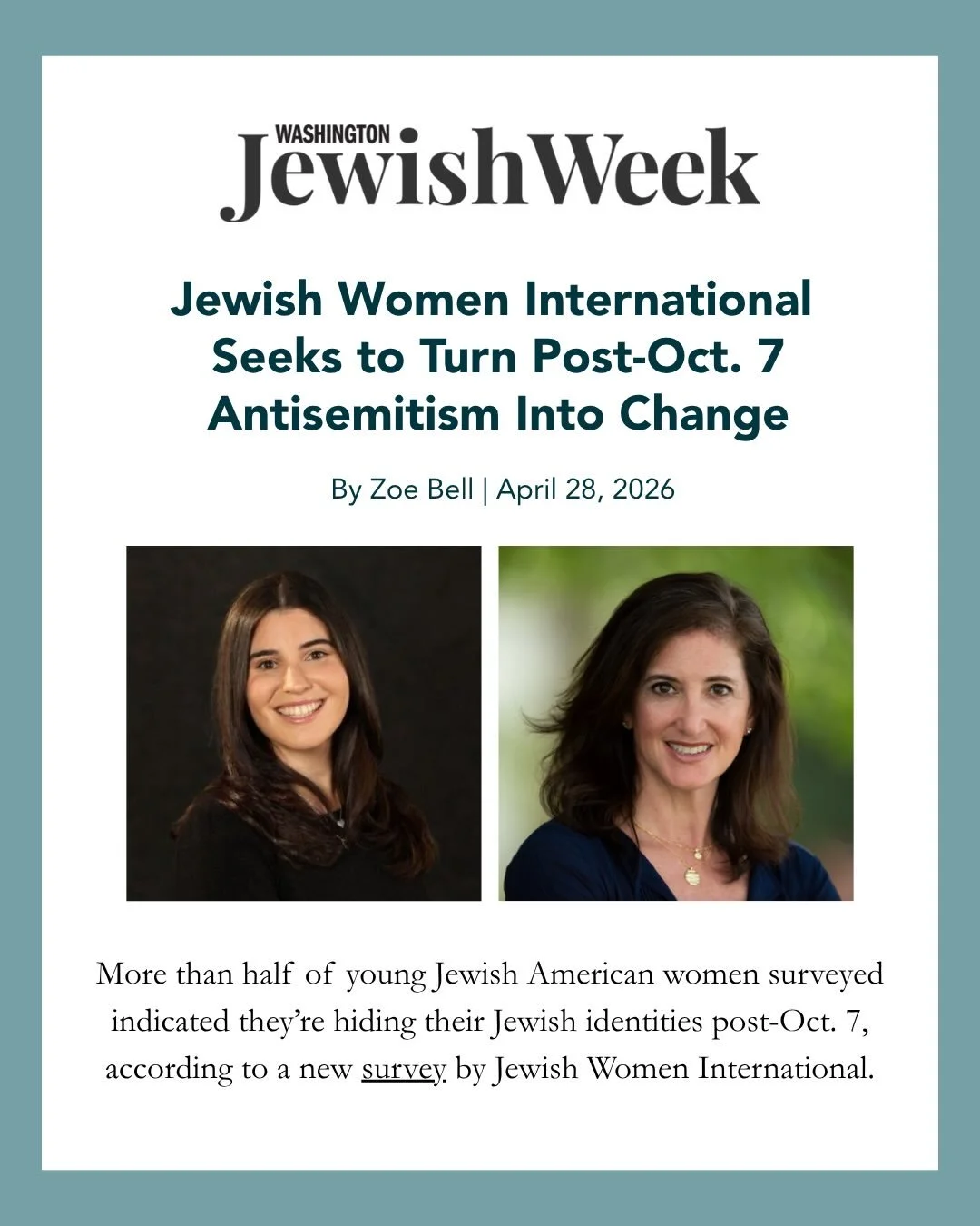 Thank you @washingtonjewishweek for highlighting our recent survey, featuring our very own Meredith Jacobs and Hannah Loffman! Read what we found, learn about our response, and find out how you can help at the link in bio.