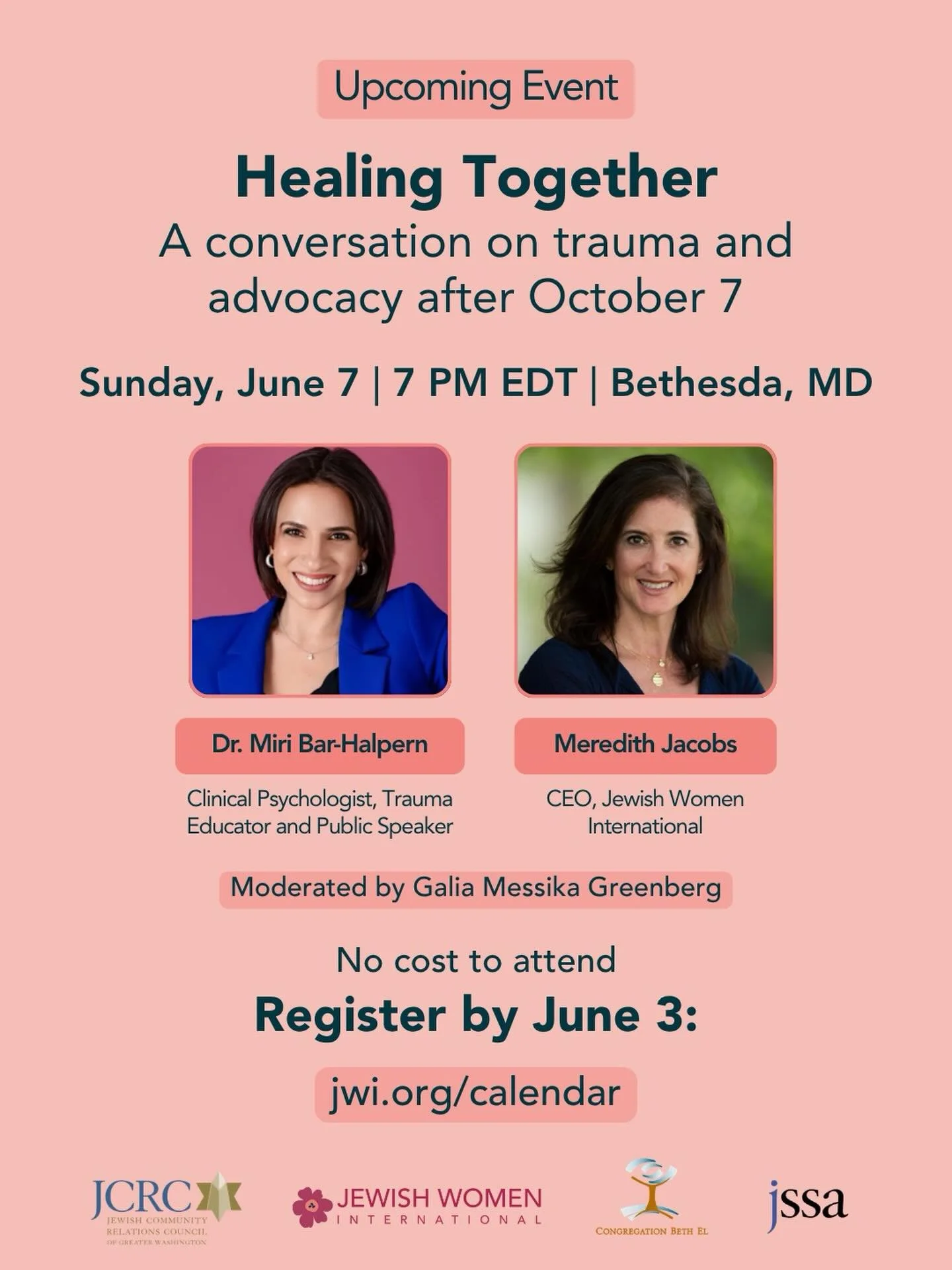 Join us June 7 in Bethesda, Maryland for a conversation on trauma and advocacy after October 7.

Nearly three years after the attacks, Jewish women and communities continue to face profound loss, trauma, and rising antisemitism.

JWI CEO Meredith Jac
