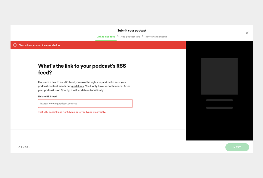 The contextual error message reads: That URL doesn’t look right. Make sure you typed it correctly.