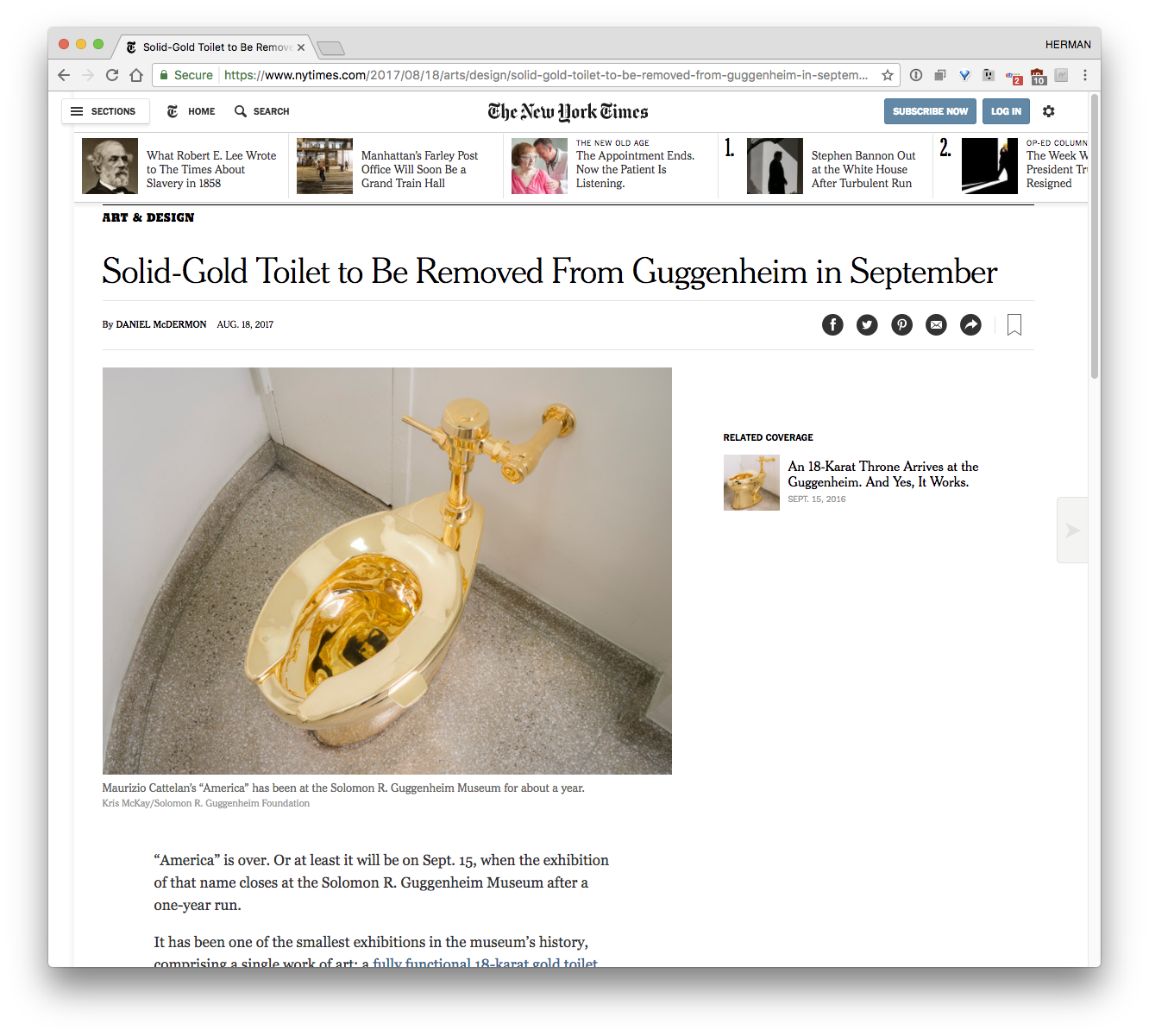 The gold toilet at the Guggenheim will be removed on September 15th —