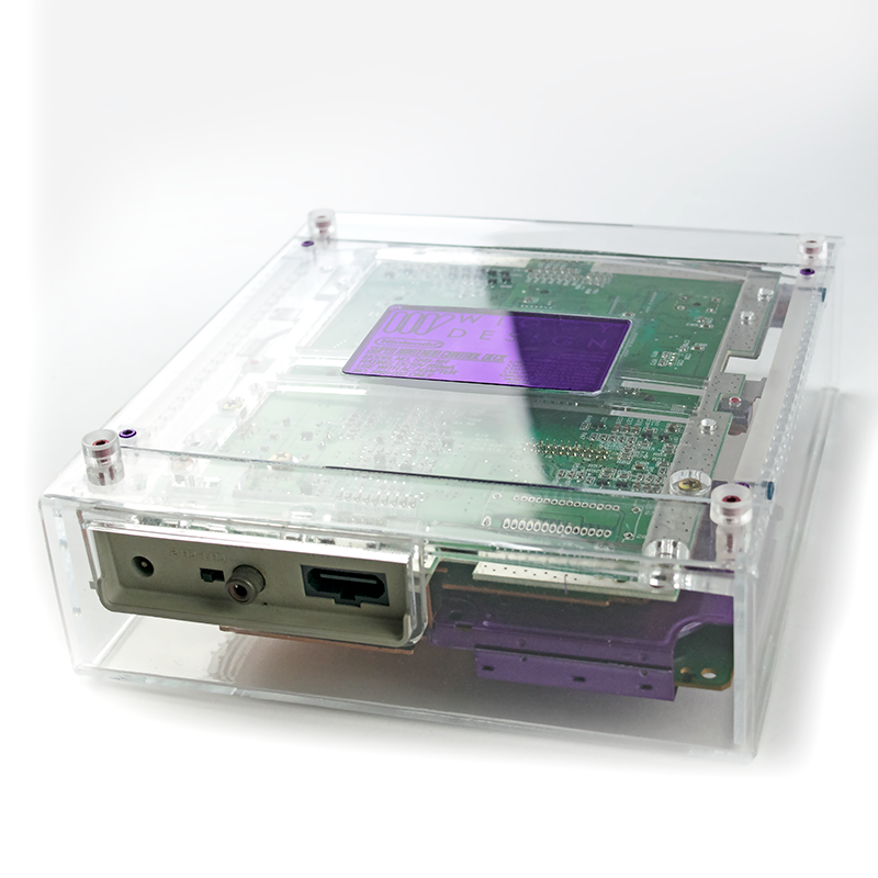 A clear acrylic case for the Nintendo SNES —