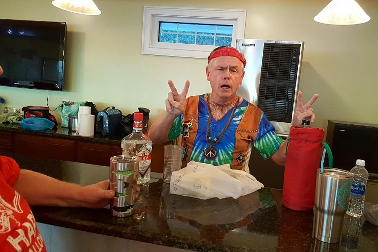 Hippie Brad is not sure if he's in the right place ... or is that peace?