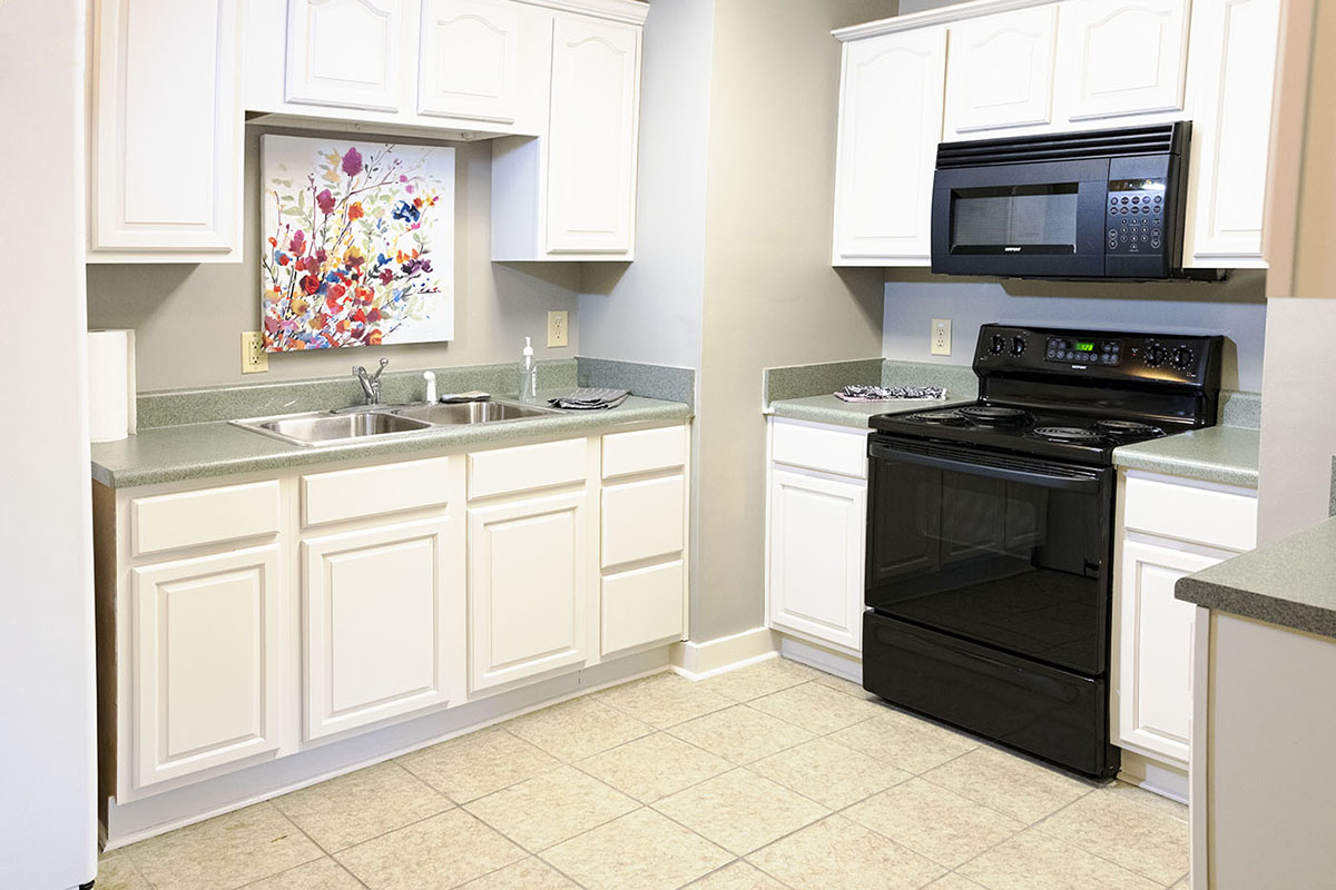   Kitchen with double sink, stove and oven, full refrigerator / freezer  
