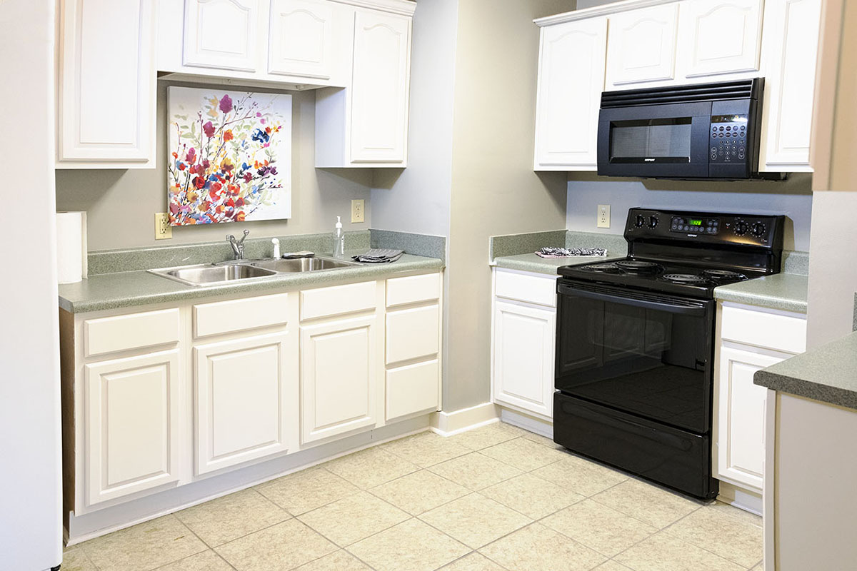 Kitchen with double sink, stove and oven, full refrigerator / freezer