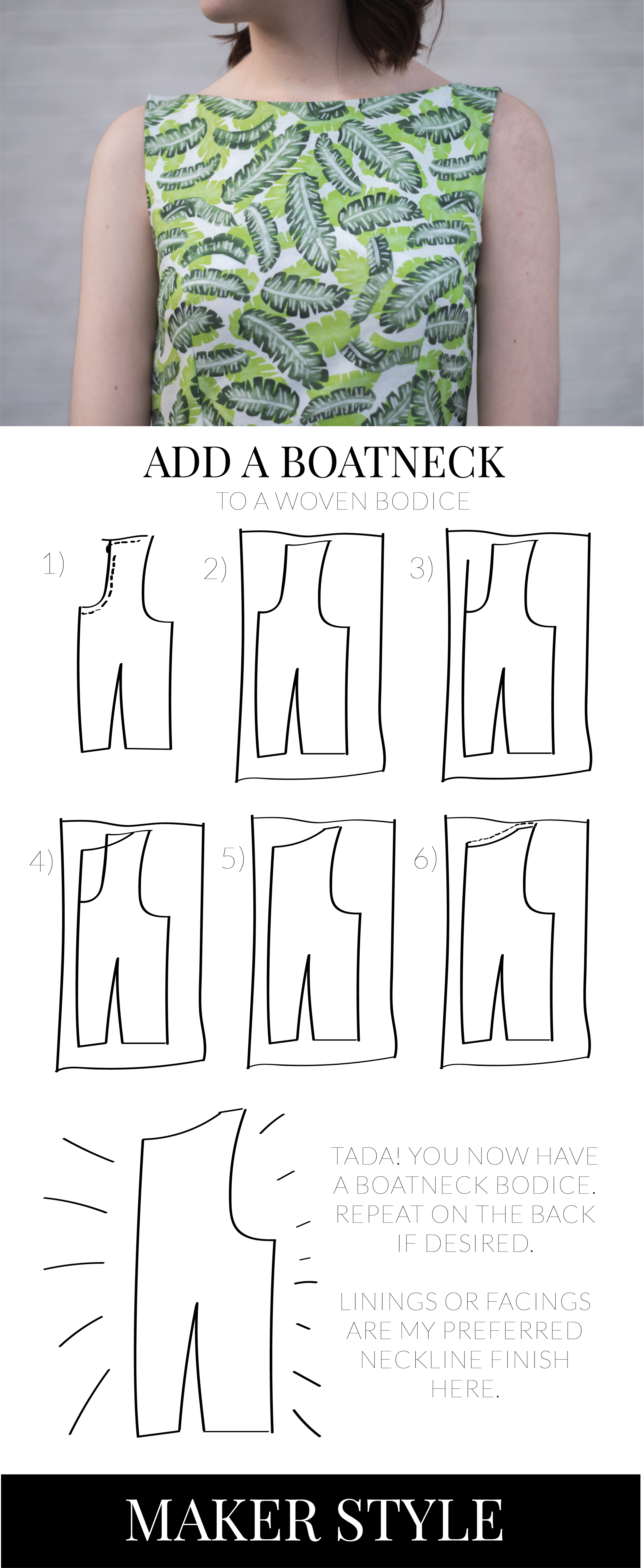 How To Add A Boat Neck To A Woven Dress Pattern Maker Style Trace your pattern piece (now without seam allowances around the neck or shoulders) on a new piece of paper. how to add a boat neck to a woven dress