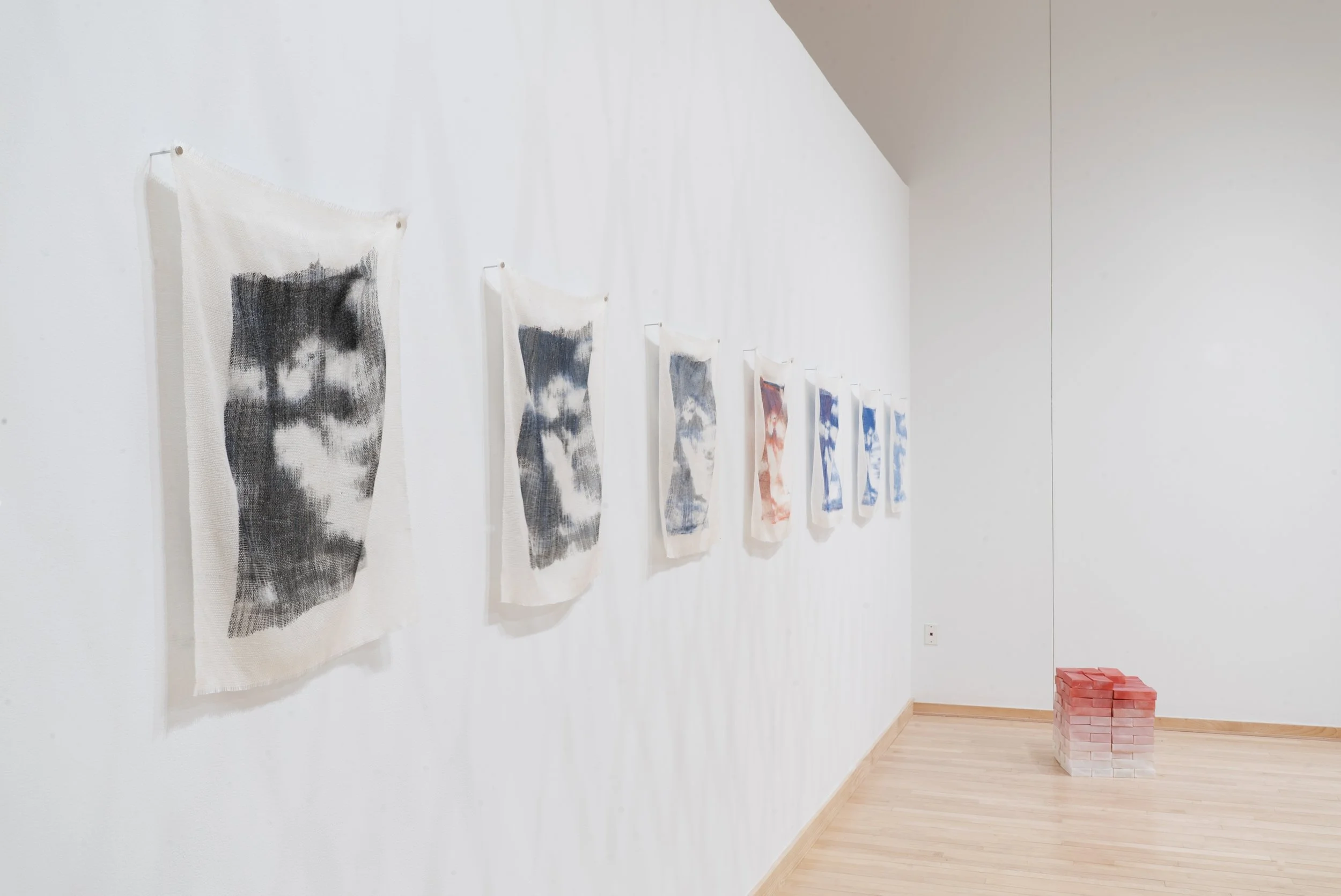 days go (series of 7, installation view) screen printed photograph, handwoven silk and cotton 2024 photo credit: Will Toney