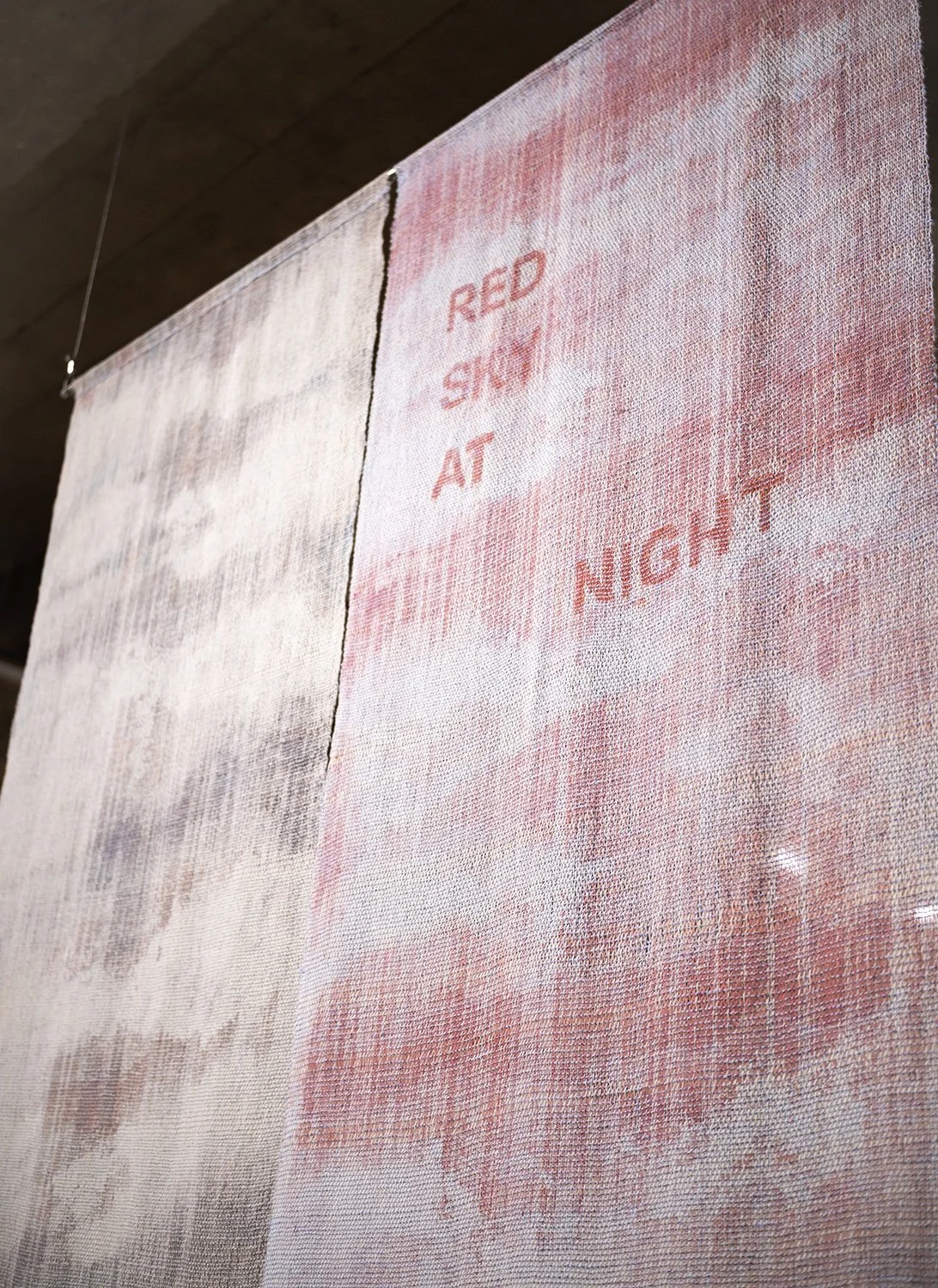   red sky   (detail)   screen print, handwoven cotton, dye  8’ x 4’ x 2’  photo credit: AUTOMAT 