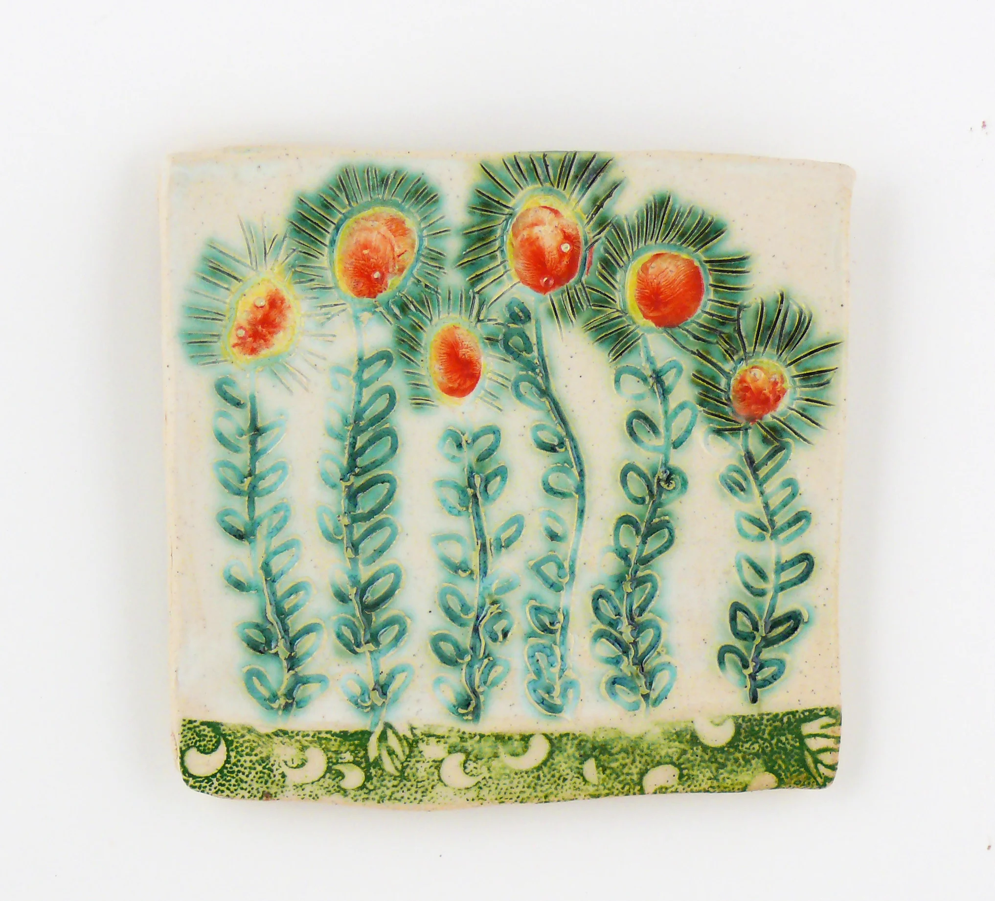 Flowers, porcelain wall tile. Cathy Kiffney. 5x5”