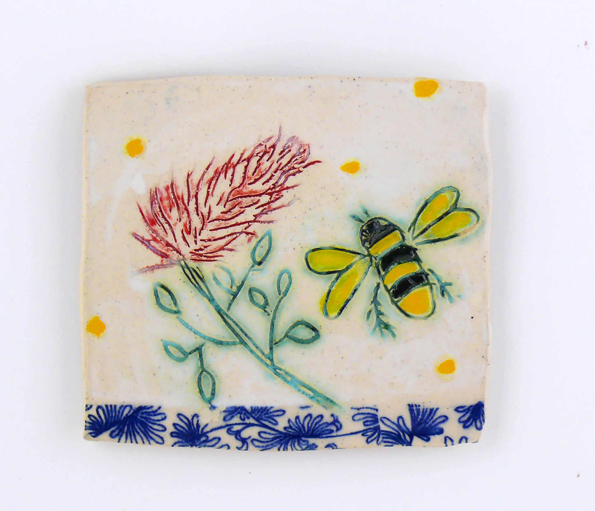 Bee and Flower, porcelain wall tile. Cathy Kiffney 5x5”