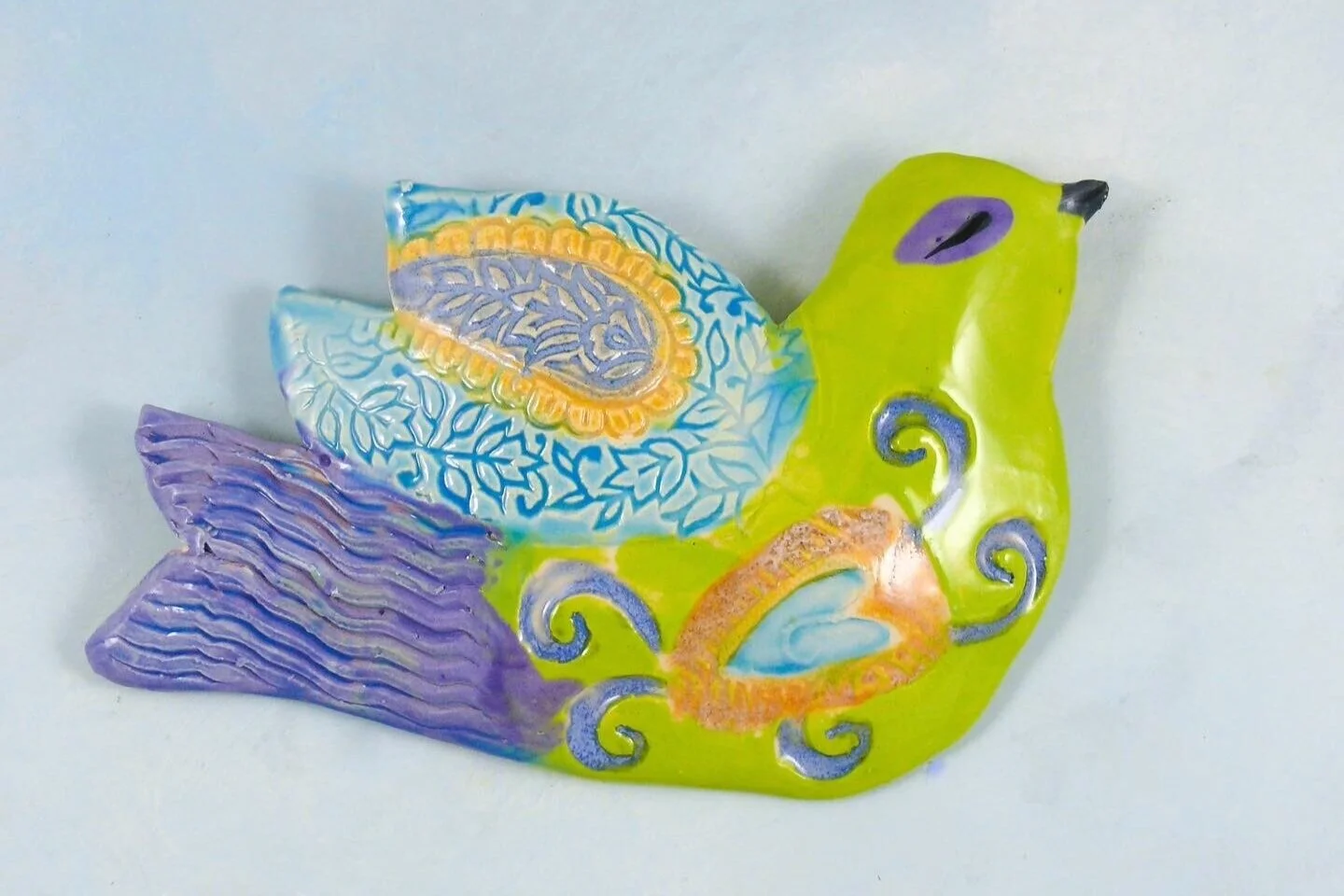 Colorful porcelain wall bird by Cathy Kiffney ETSY SHOP