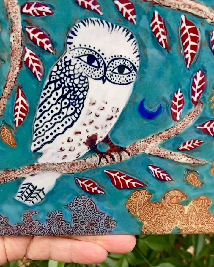 Here&rsquo;s another ceramic tile from my owl collection, an owl with a blue crescent moon. 🌙 🦉🌖 #owllover #owlart #ceramictileart