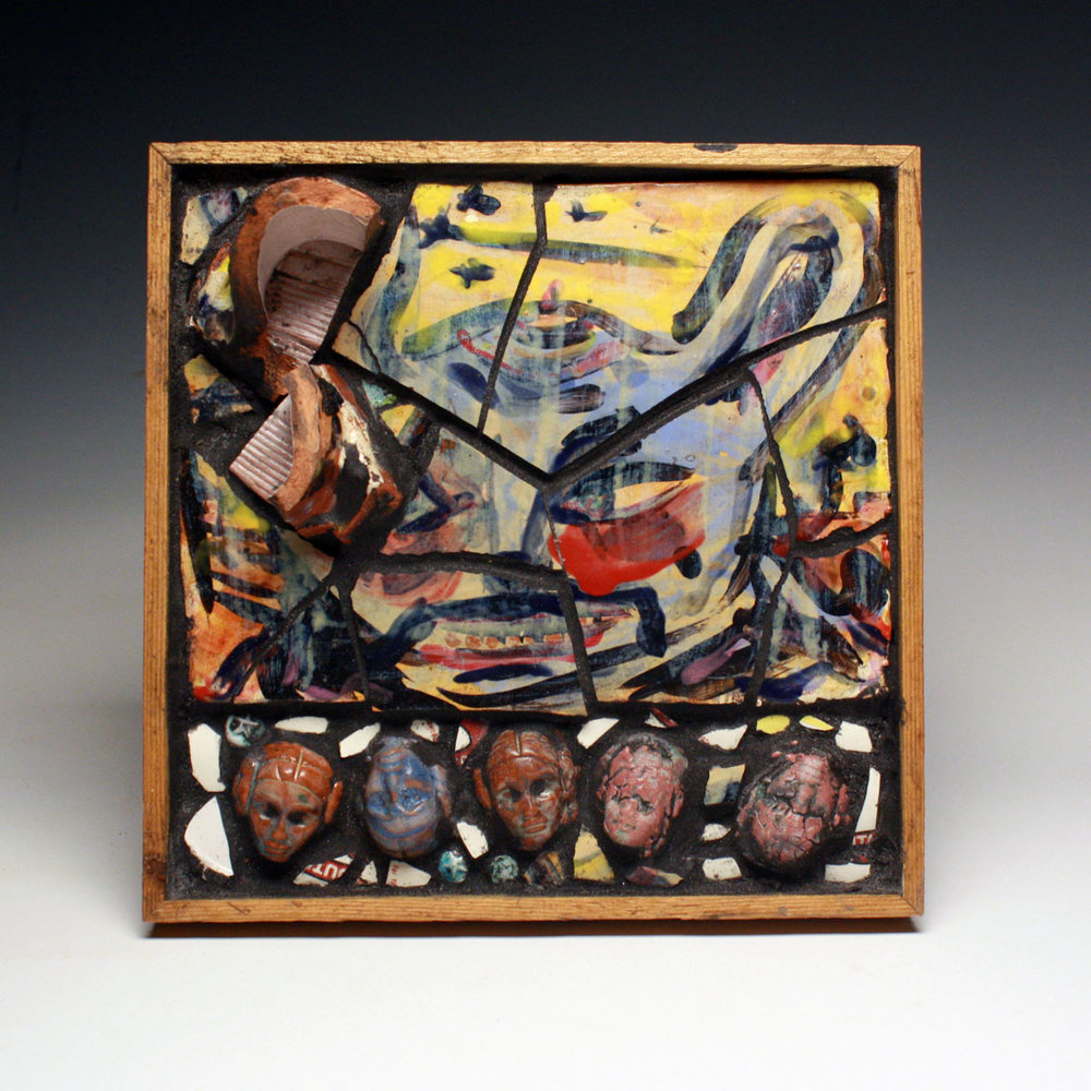  It’s Very Unclear I Hear AKA What Don Reitz saw at the circus made Ken Ferguson sick and Kirk Mangus jump for joy, by Christopher Leonard, 12"H x 12"L x 4"D,  Ceramic tile, sprigs, and smashed pot fragments formed/forced/coerced into a mysterious mo