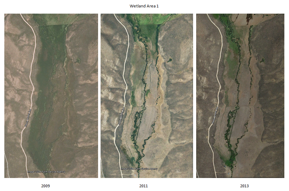 Aerial photos showing irrigation practices over time and transitioning vegetation