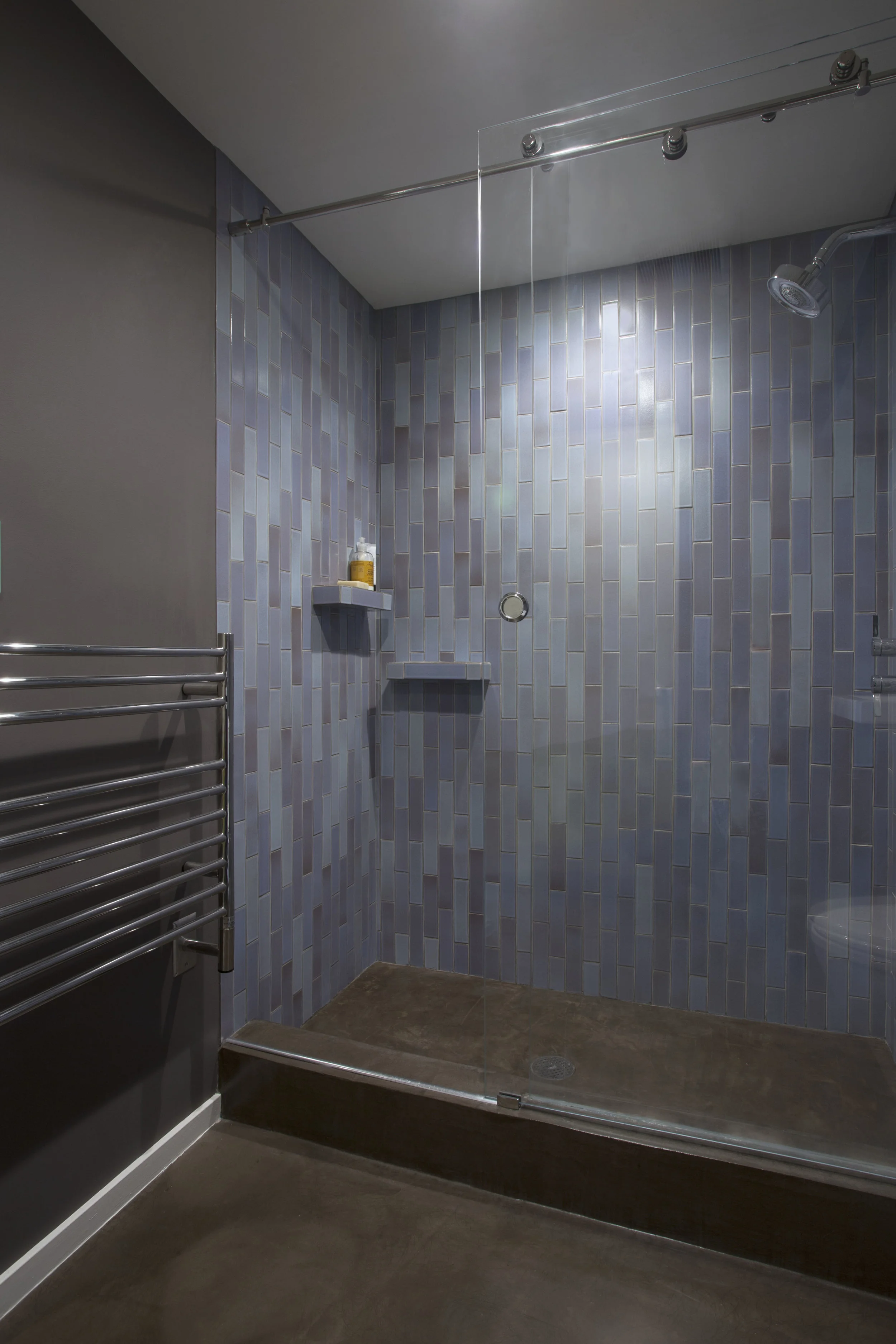 Waterfall cascade design using Heath Ceramics tiles for the upstairs bathroom.