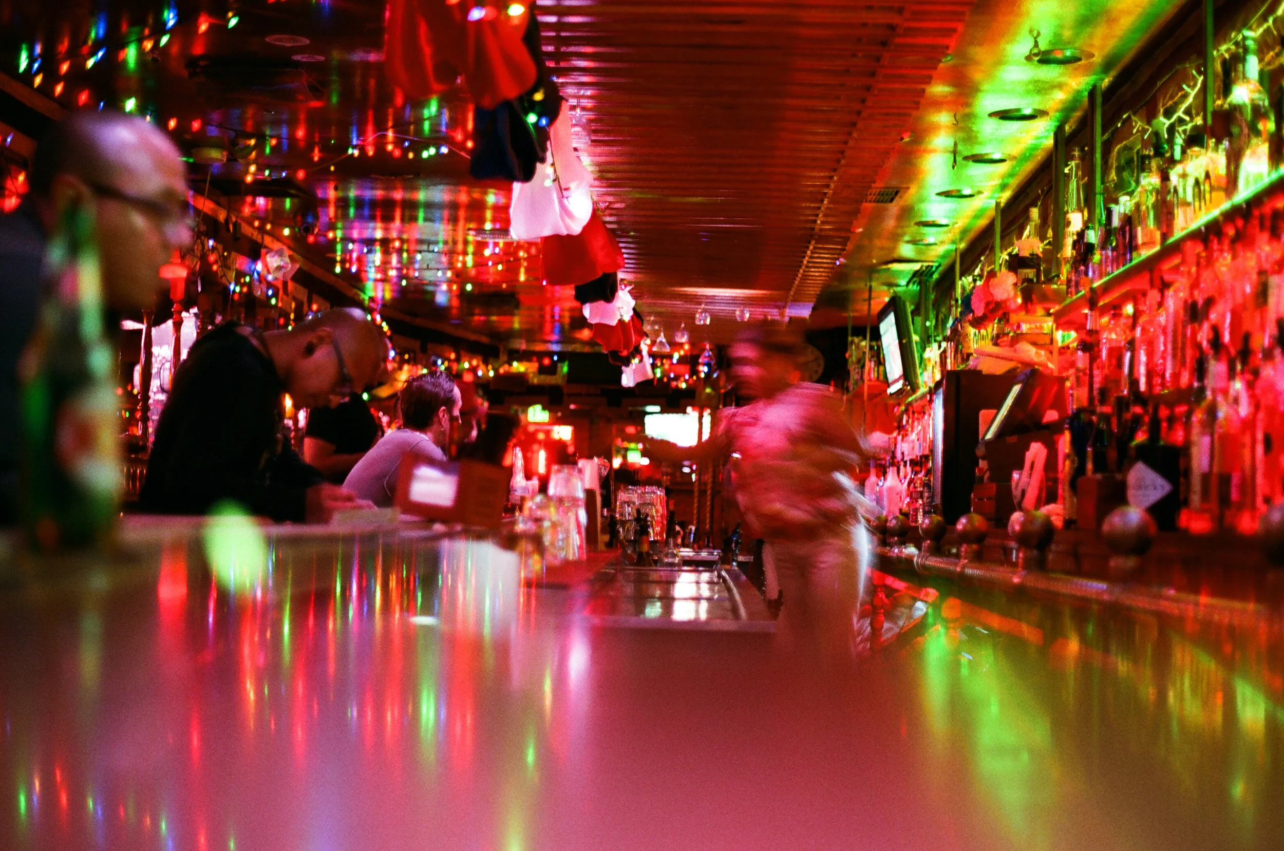 Indoor bar. La Cita. LA's greatest dive bar, a microcosm of Los Angeles with stiff drinks and great music. 35mm.