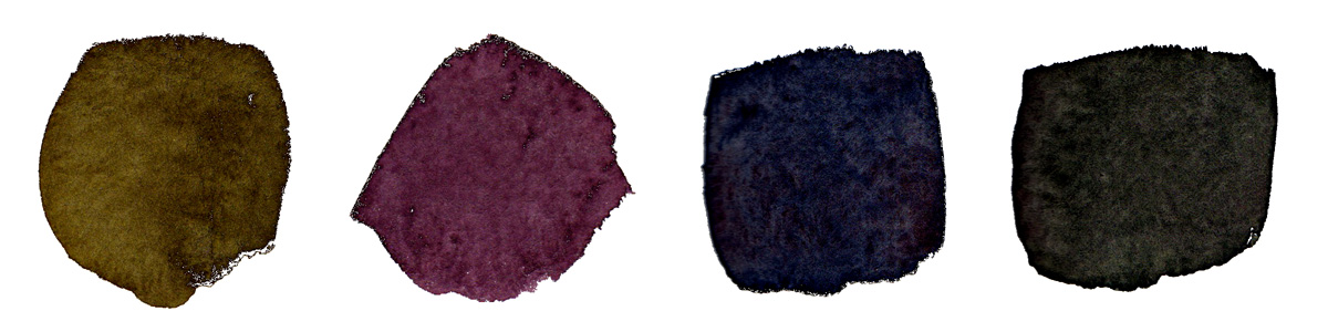 From left: Dioxazine Purple (PV23) + Hansa Medium (PY97); Vermillion (PR242) + Indanthrone Blue (PB60); Bt Sienna (PBr7) + Indanthrone Blue; Quin Bt Orange (PO48) + Indanthrone Blue