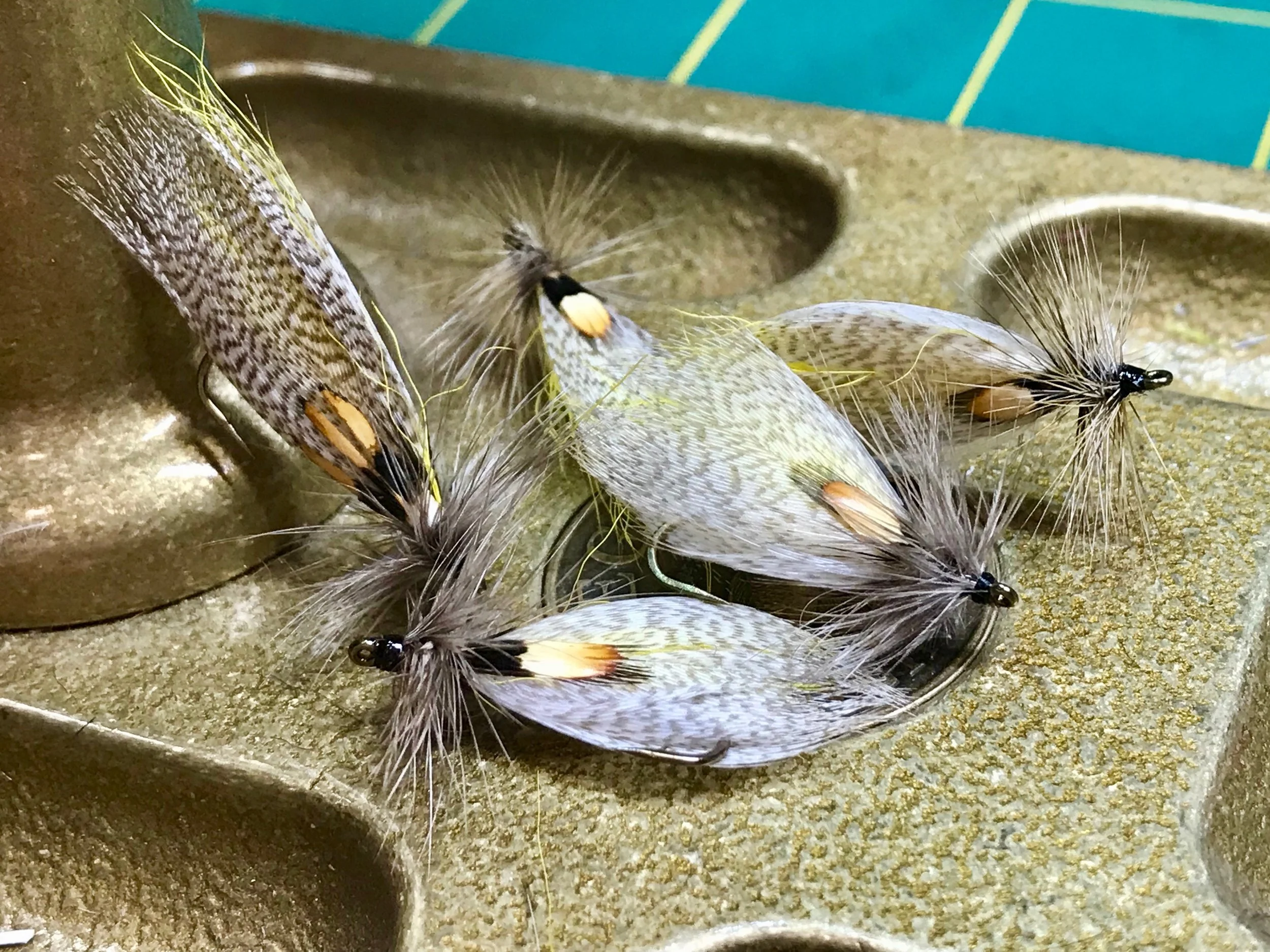 A mix of Hornberg Specials tied with both hen and rooster hackle.