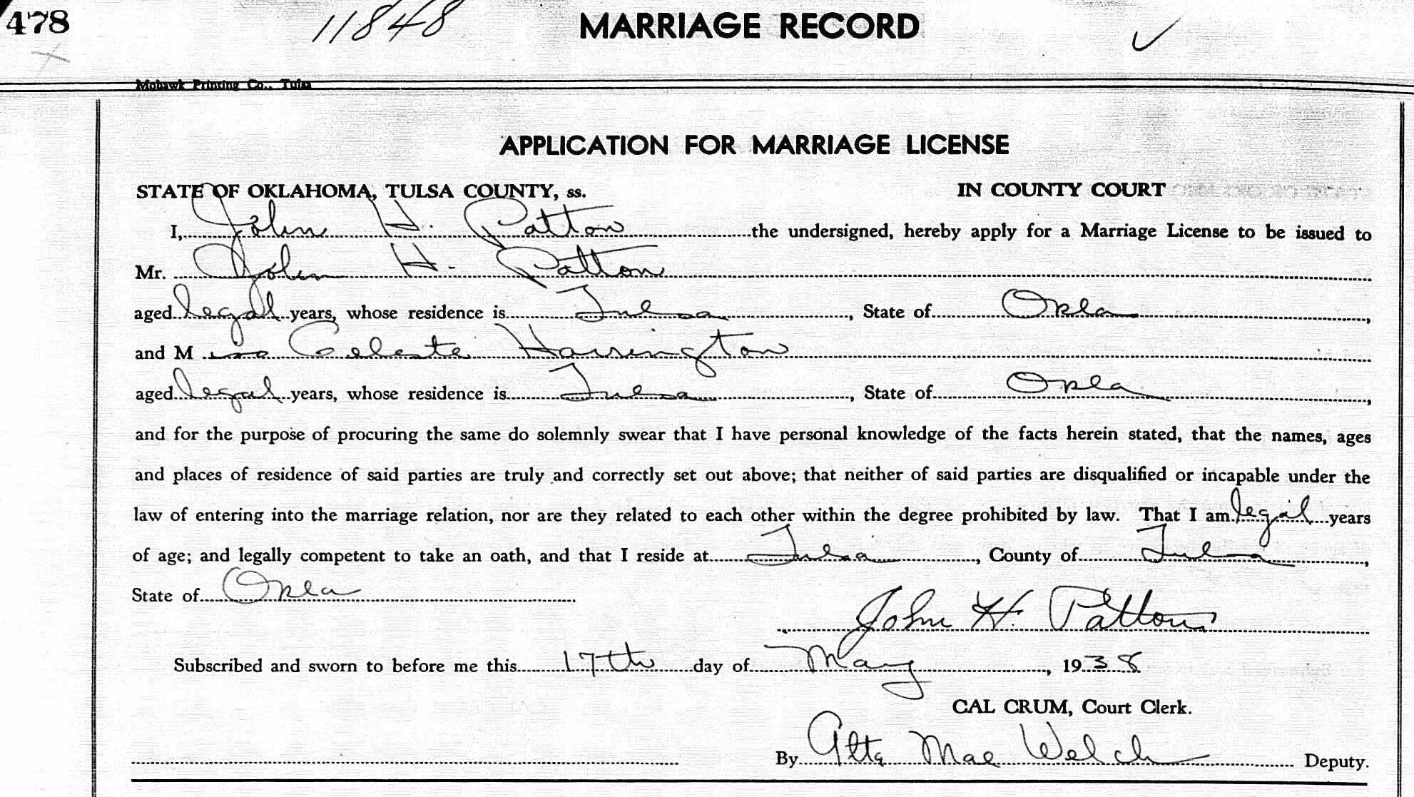 The Patton's marriage license.