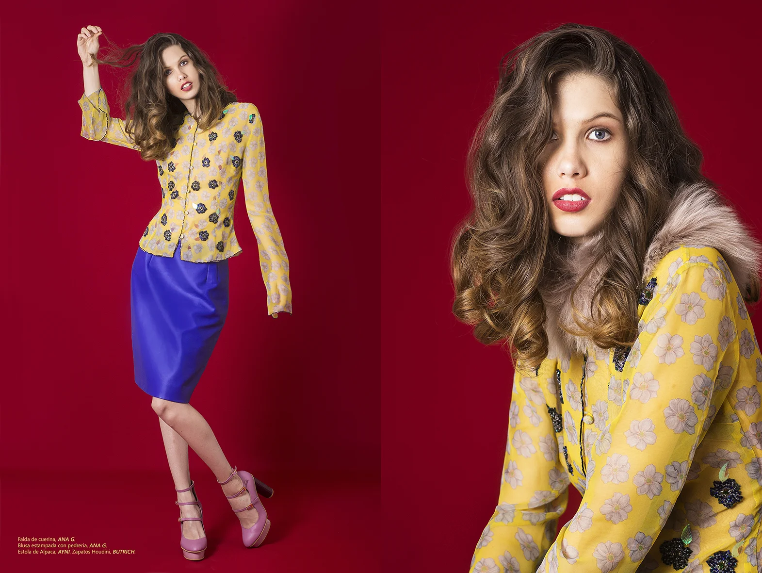 Falda de cuerina, Ana G . Blusa estampada con pedrería, Ana G . Estola, AYNI . Zapatos Houdini, Butrich.