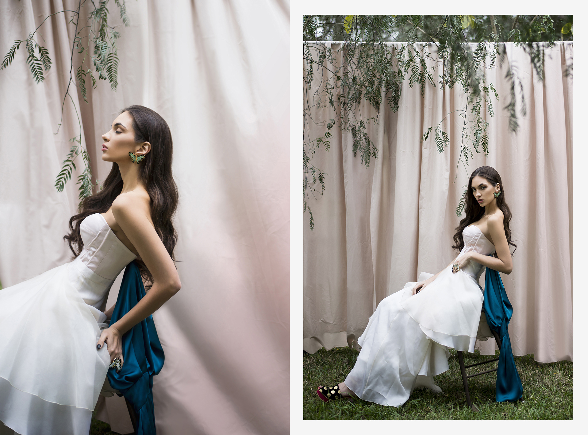 Falda y corset, CAROLINA TOLA. Aretes, anillo mariposa y zapatos, JESSICA BUTRICH.