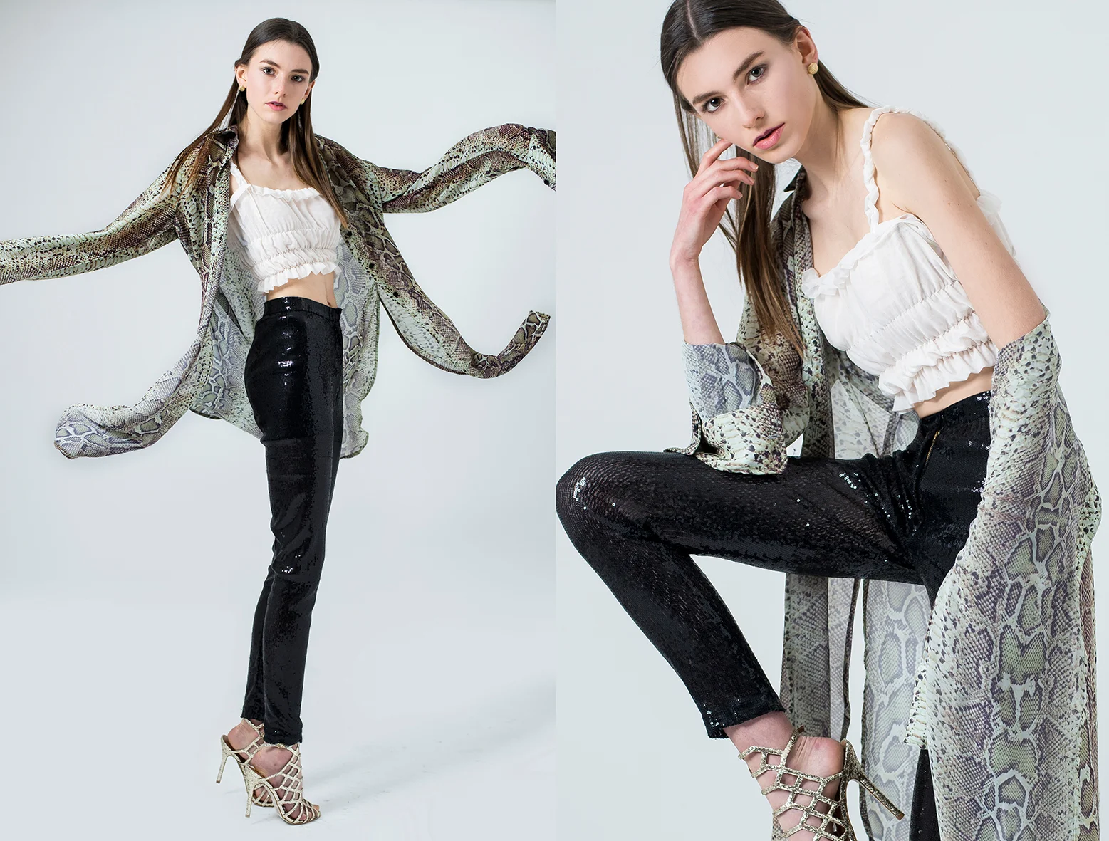 Top , DHOSIS. Blusa print de serpiente , VON KOLLMANN. Pantalón de lentejuelas , WEAR IT B#TCH. Zapatos , STEVE MADDEN. Aretes, VINTAGE.