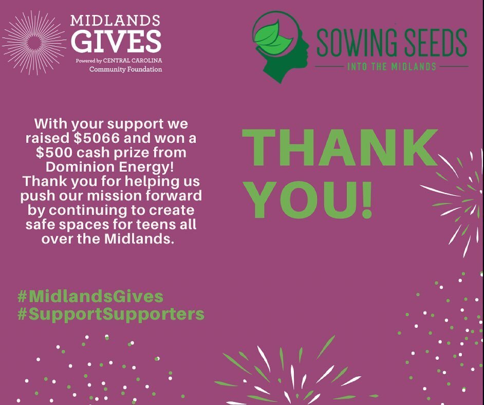 We can never say thank you enough. In 18 hours 95 donors gifted Seeds with $5066 and you all helped us win a $500 prize from @dominionenergy ! Midlands teens deserve competent advocates, redemption opportunities, and safe spaces to share, learn, proc