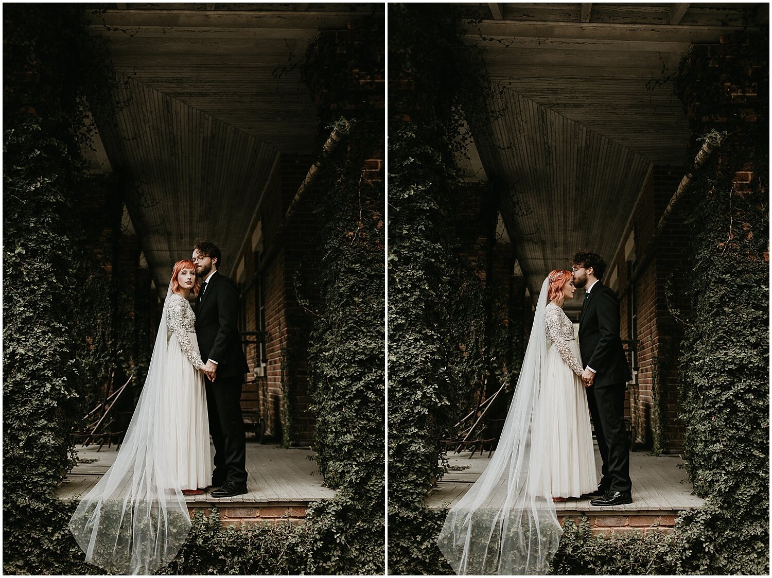  bride and groom portrait with greenery background 