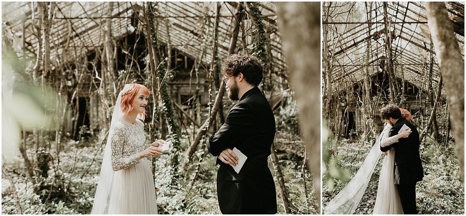  bride and groom read their letters and hug during their first look 
