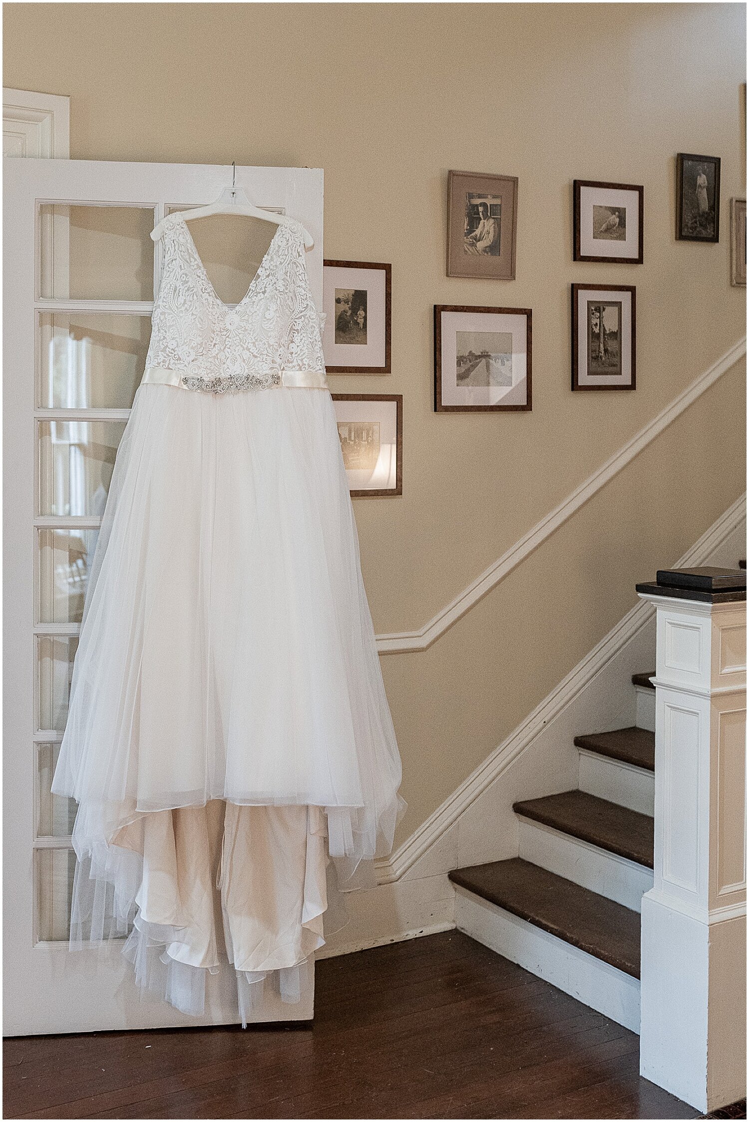  Bride’s wedding dress hung in the bridal suite 
