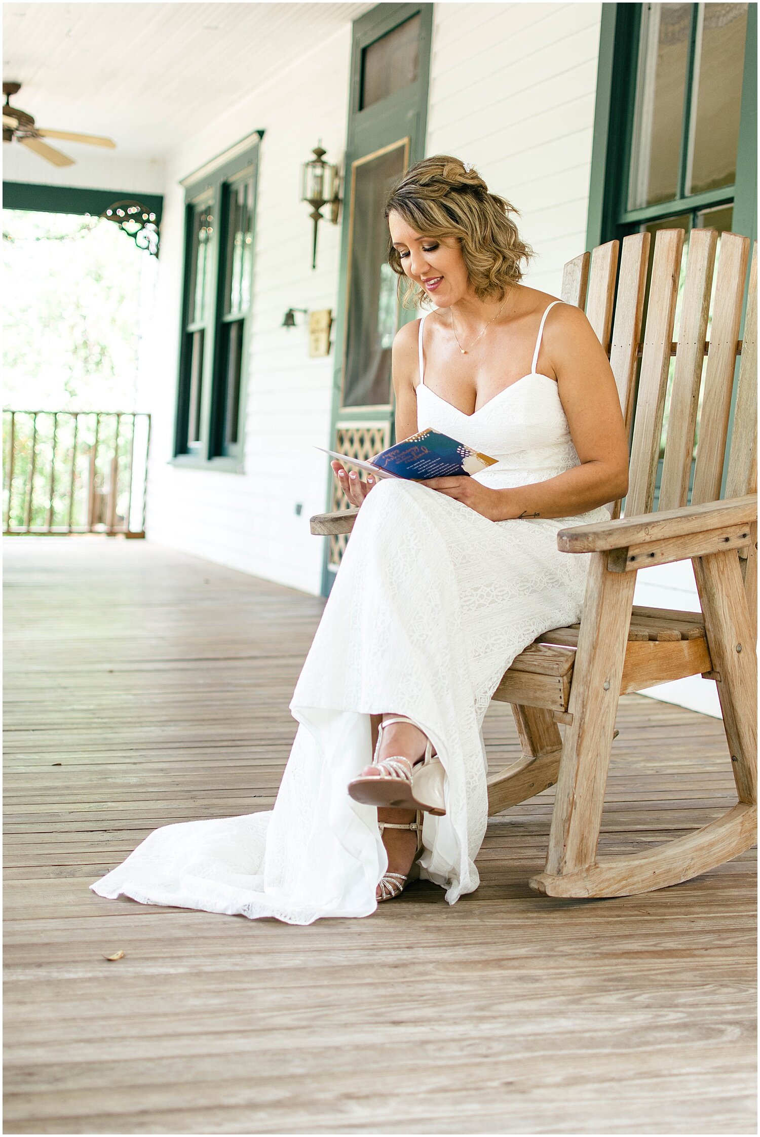  bride reading a letter from her husband 