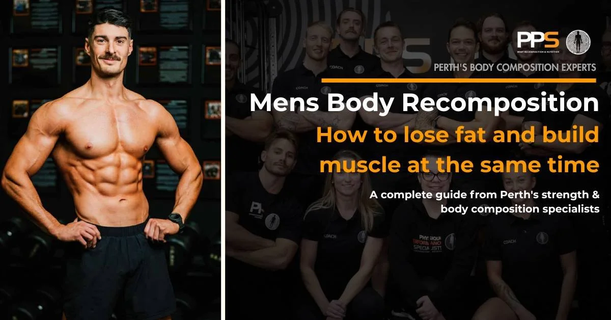 Male client body recomposition transformation before and after, private coaching gym Perth