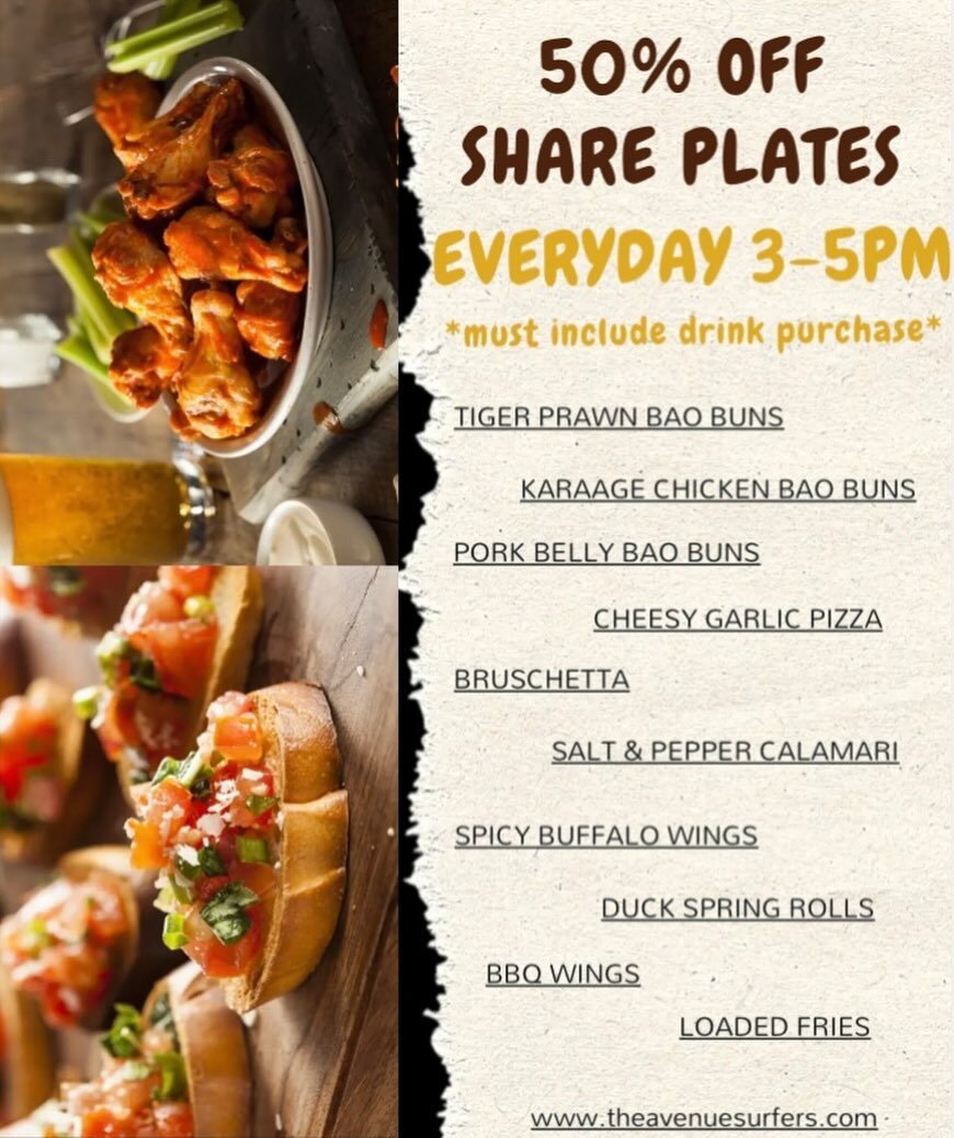 Who said Happy Hour was limited to just drinks 🤷🏼&zwj;♀️
Join us for our Share Plate Happy Hour daily from 3pm-5pm! 
Enjoy 50% off our delicious share plates with any drink purchase. It&rsquo;s the perfect way to unwind and indulge in tasty bites w