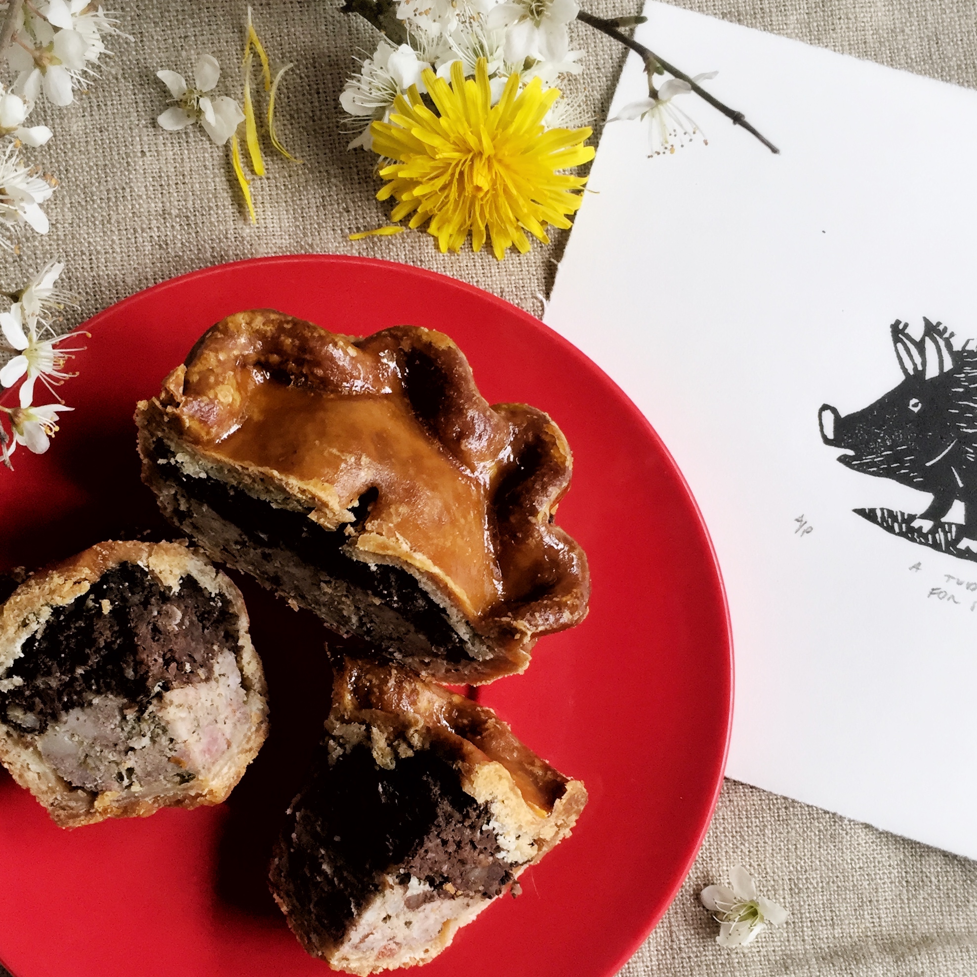 Black pudding in a pork pie (they're, ahem, bloody lovely)