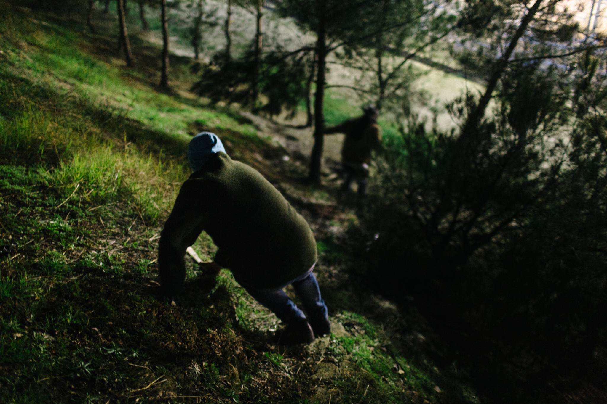 Fadi Jolak and Mohammad Sabagh search the perimeter of the fortified Moria camp for any wood that can be pried off trees to burn for warmth.