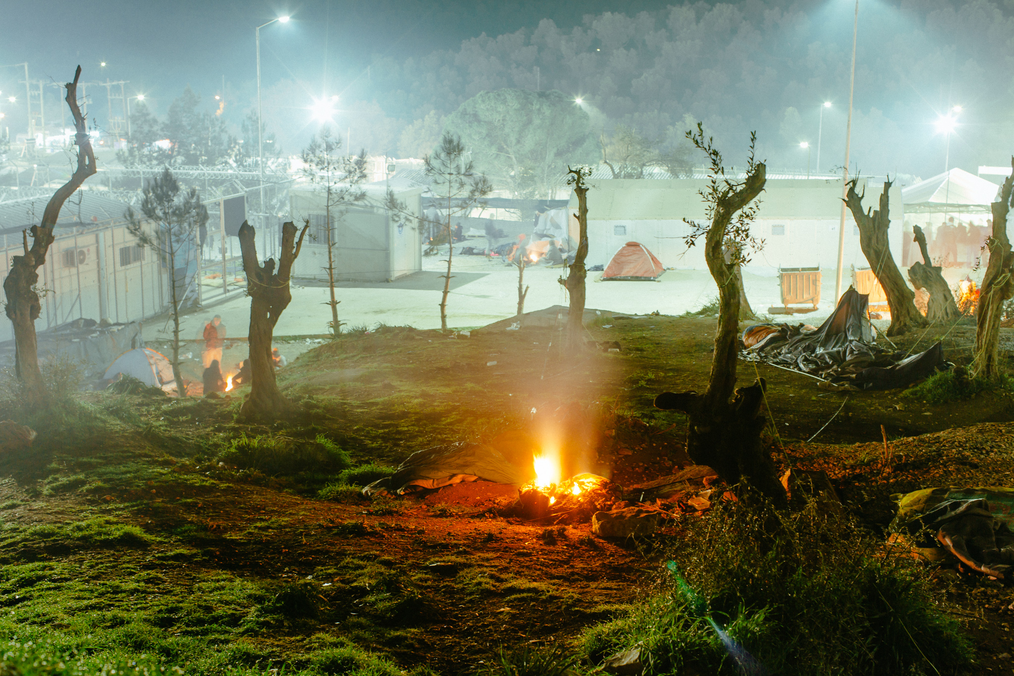 Naked trunks stand sentinel to refugees resorting to discarded clothing and blankets as fuel for their fires to stave off freezing temperatures on this wet January night inside Moria.
