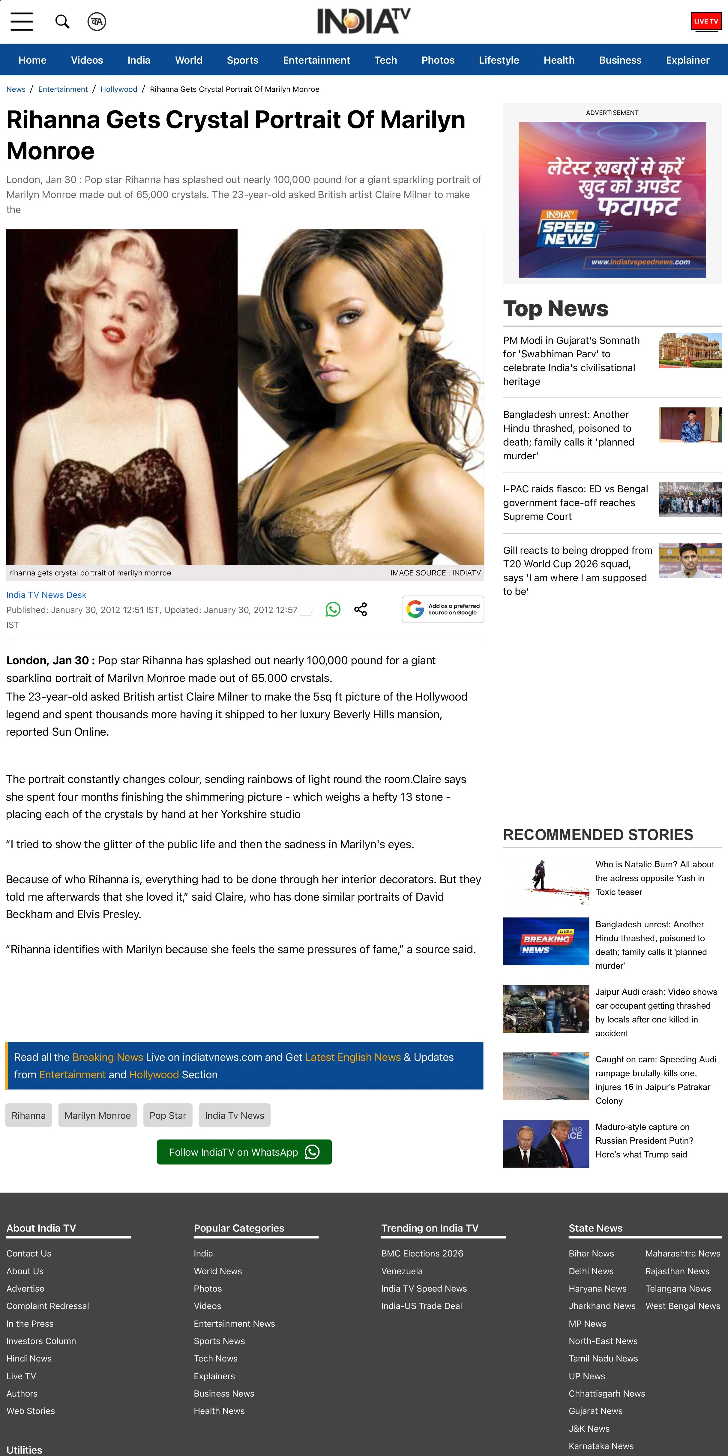 Marilyn Monroe portrait commission by Rihanna created by artist Claire Milner, featured in India TV.