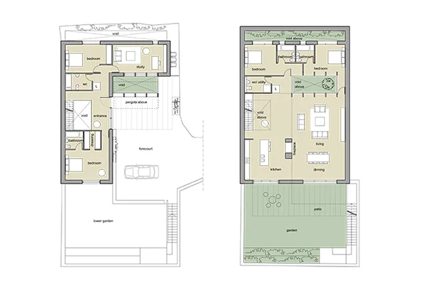  Courtyard house - lower ground and ground floor plans 